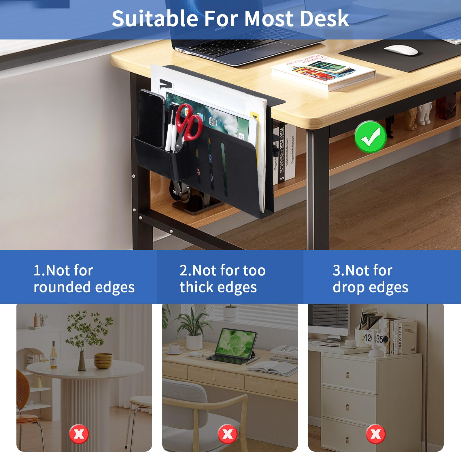 LUKETURE Steel Desk Side Organizer - No Drill Laptop Holder & Clamp-On Mount with Pen Storage, Fits Flat Edge Tables 0.3