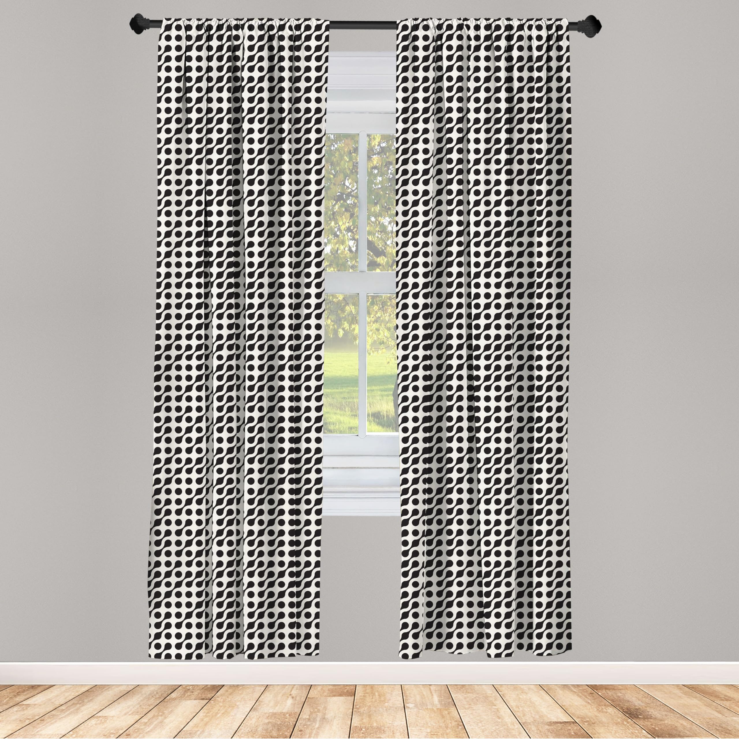 Ambesonne Geometric Black & White Window Curtains - Diagonal Rounded Circles & Wavy Lines Modern Design - Lightweight 2-Panel Set with Rod Pocket (28
