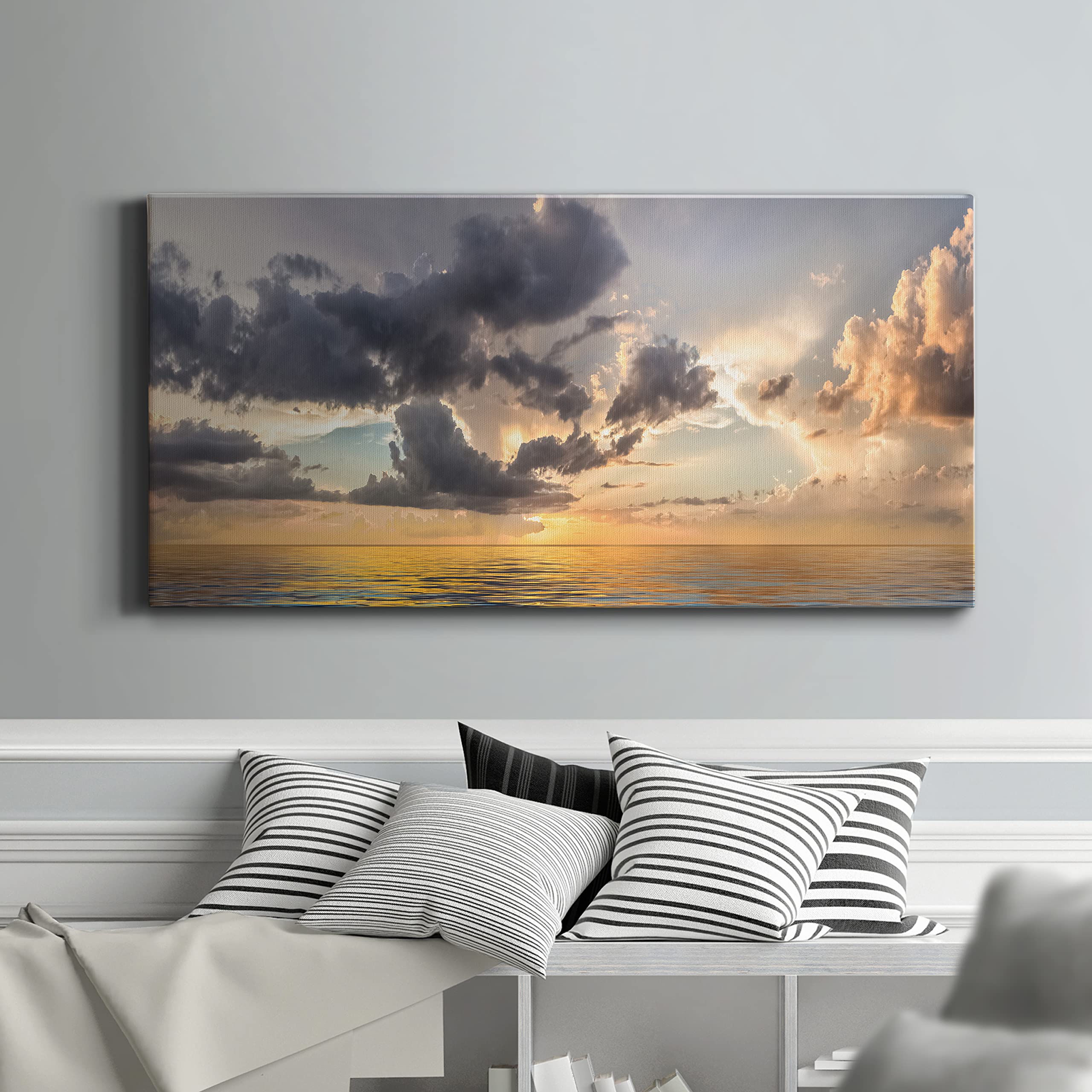 Modern Ocean Sunset Canvas Wall Art - Blue Beach Landscape Print for Living Room, Bedroom, Bathroom & Office Decor - Ready to Hang 20x40 Inches - Perfect for Coastal, Boho & Minimalist Home Styling