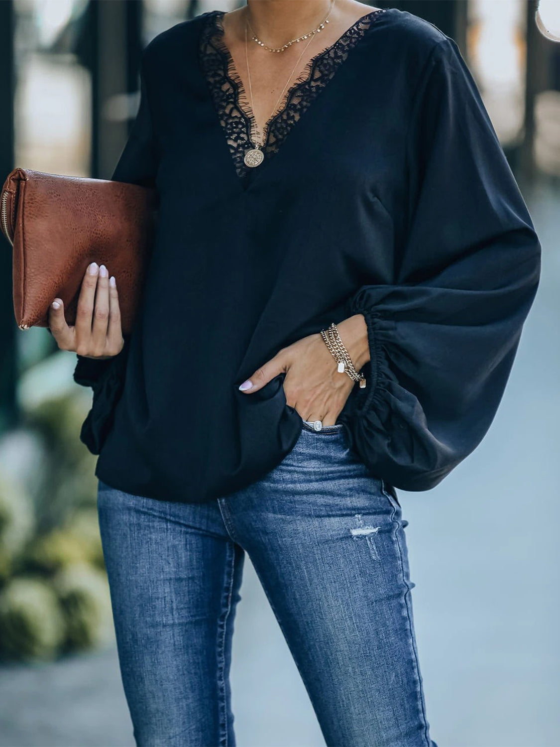 Elegant Lace Detail V-Neck Long Sleeve Blouse for Women | Flowy Office & Party Top | Perfect for Work, Date Night & Special Occasions