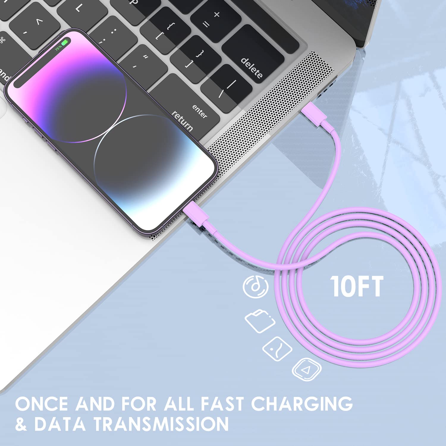 10ft Fast Charging iPhone Charger - 20W USB C Wall Charger with Type C to Lightning Cable for iPhone 14/13/12/11/Pro Max/Plus & iPad - 3 Pack Purple - Perfect for Home, Office & Travel
