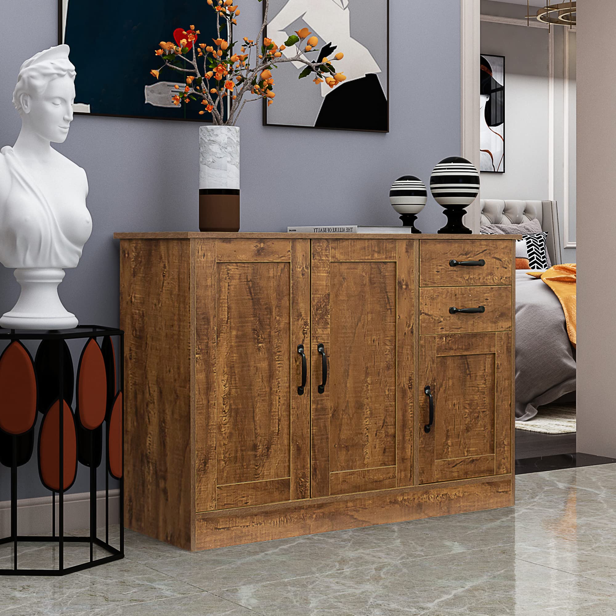 Farmhouse Style Wood Buffet Sideboard with Adjustable Shelf - Rustic Distressed Storage Cabinet for Kitchen, Dining Room & Entryway - Walnut Finish Console Table for Home Decor & Organization
