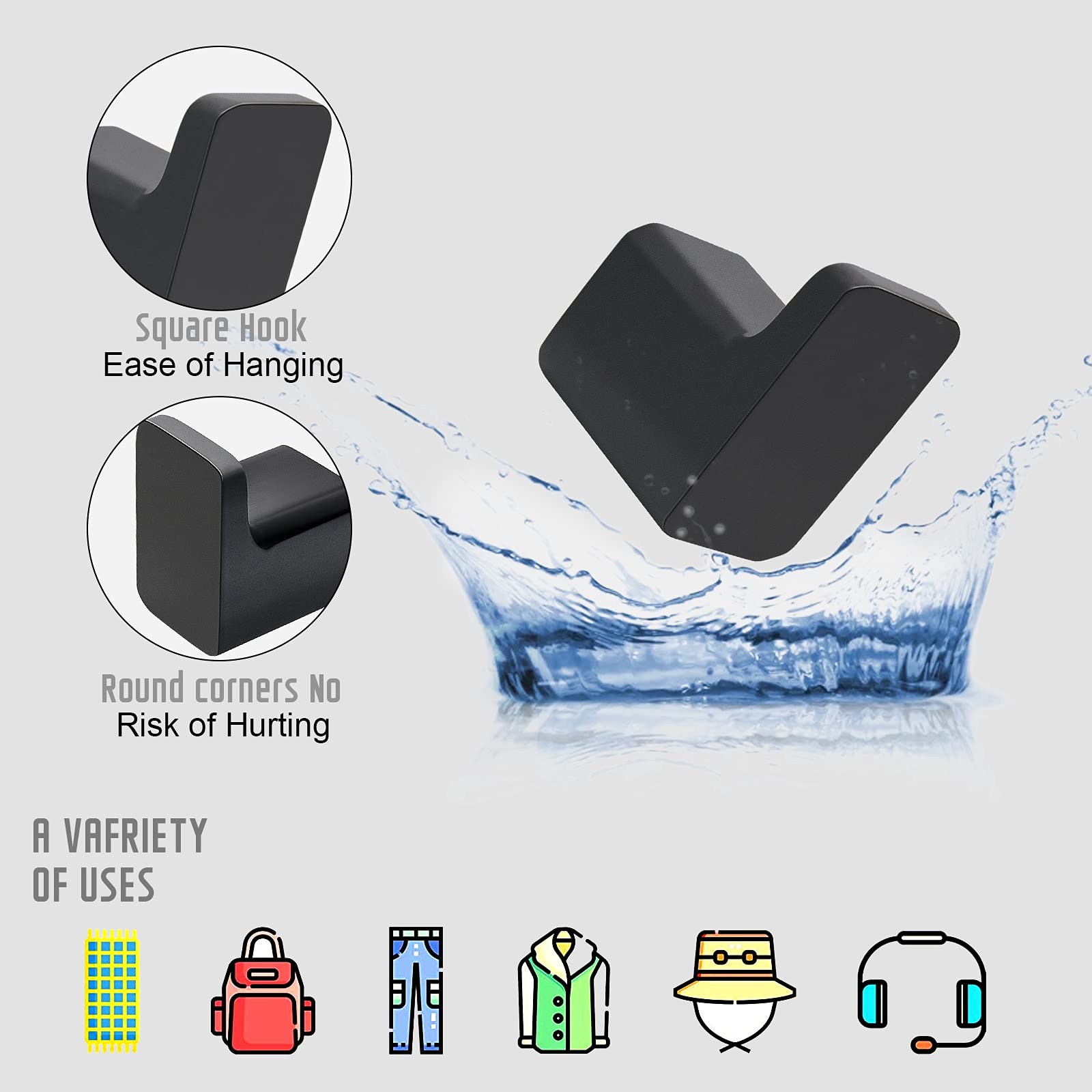 Modern Adhesive Towel Hooks - Heavy Duty Wall Mounted Metal Hangers for Bathroom, Kitchen, Bedroom & Shower - 2 Pack Black (TH-7) - Perfect for Organizing Towels, Robes & Coats in Small Spaces