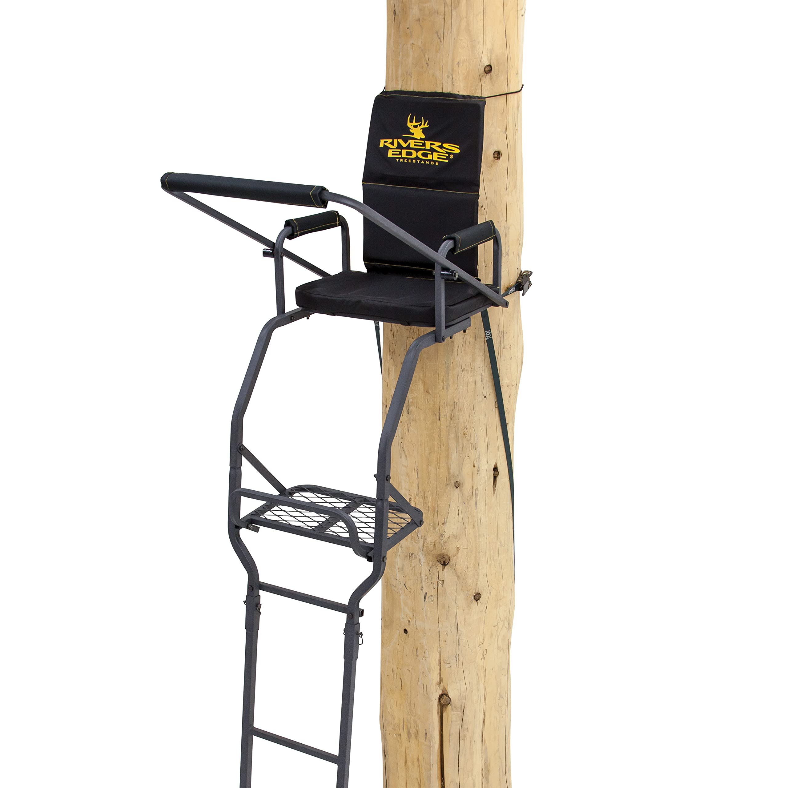 Rivers Edge Deluxe 1-Man Ladder Stand for Hunting - 16.5 Feet Tall with Padded Seat & Flip-Out Footrest - Perfect for Deer Hunting, Wildlife Observation, and Outdoor Adventures