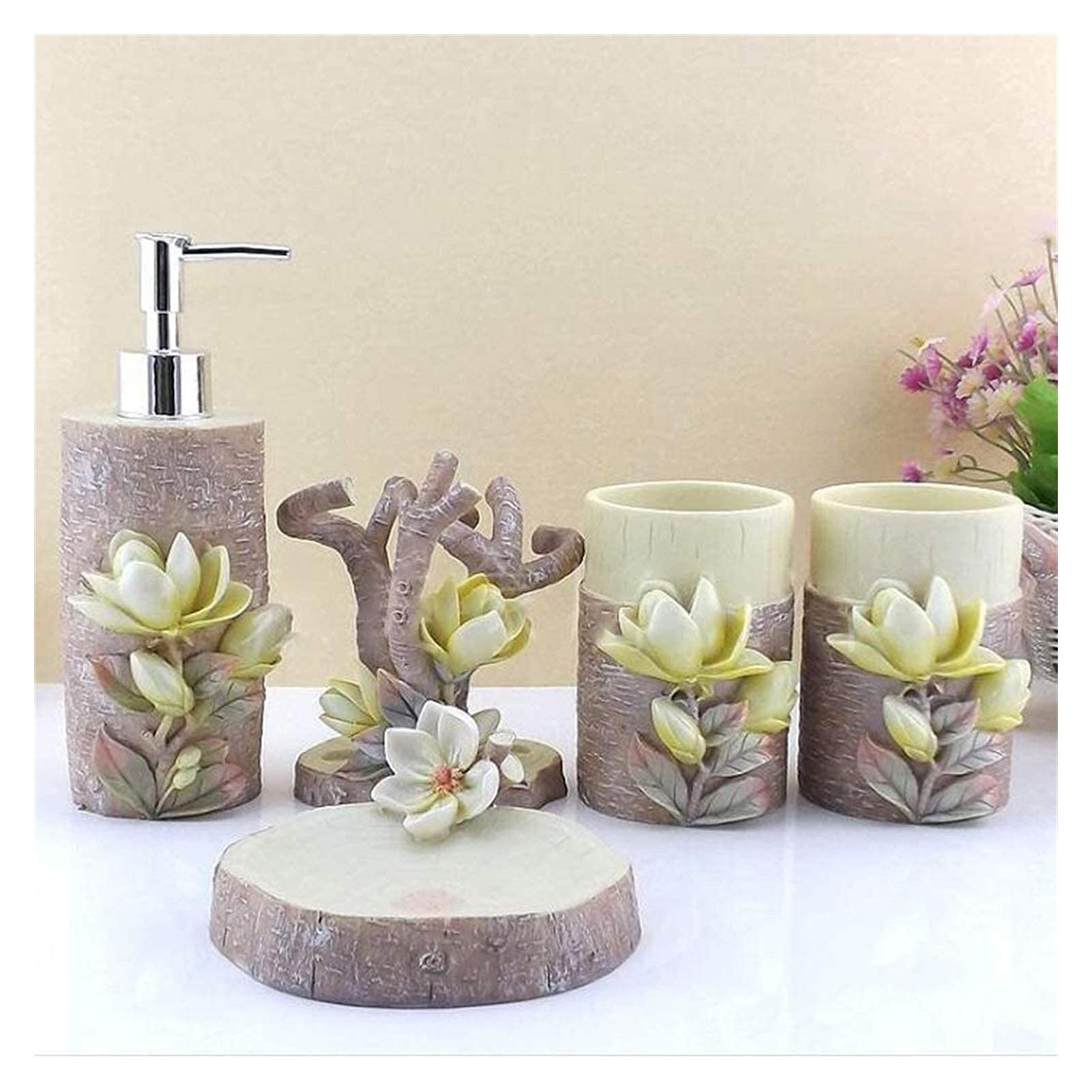 GANE 5-Piece Ceramic Soap Dispenser Set - Retro Bathroom Accessories with Lotion Dispenser, Soap Dish & Toothbrush Holder - Elegant Hotel Decor for Home, Spa & Guest Bathrooms
