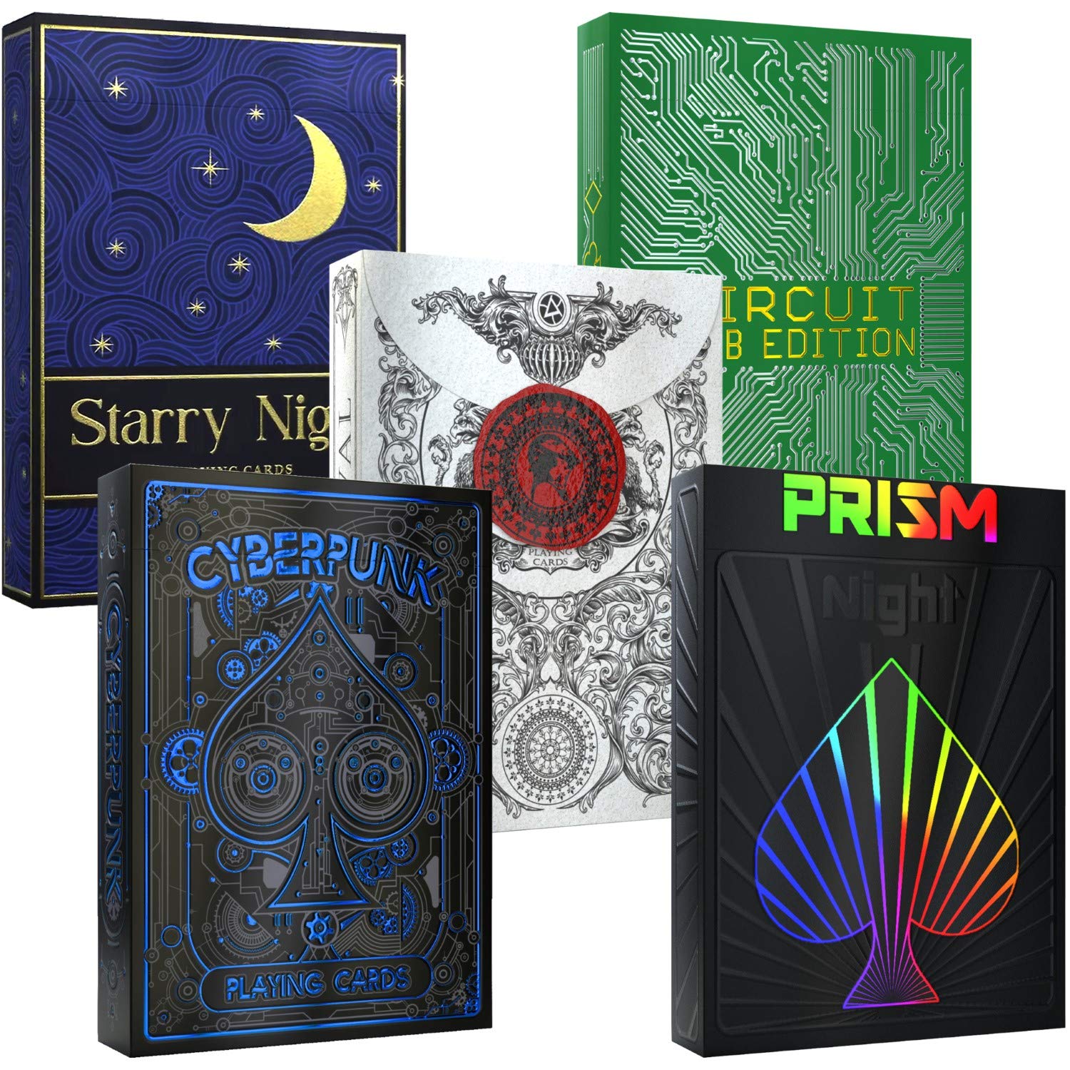 Prism Night, Cyberpunk Blue, Medieval Black, Circuit PCB & Starry Night 5-Deck Playing Cards Bundle - Premium Poker Cards Collection for Game Nights, Magic Tricks & Collectors - Save 20% on Stylish Card Decks