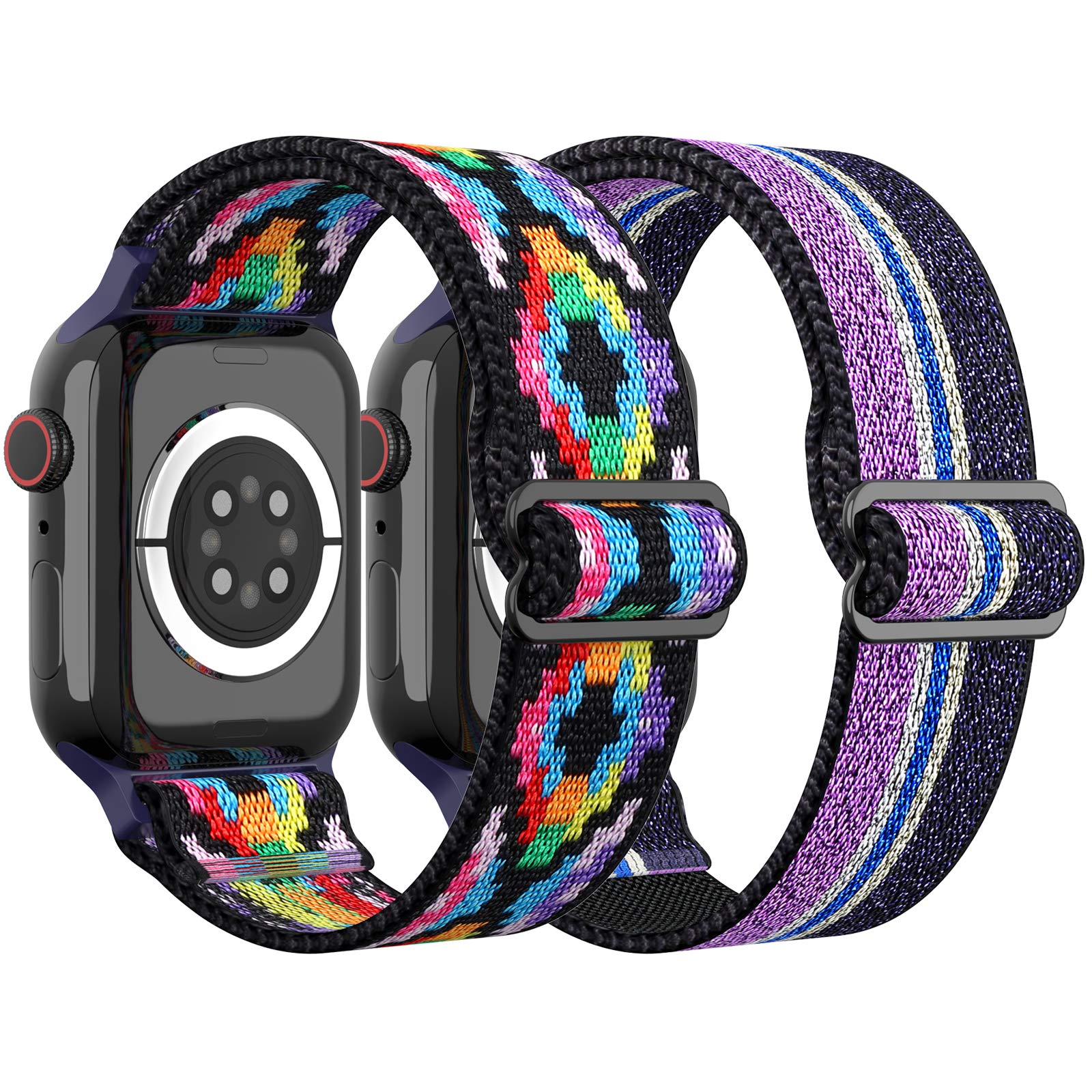 Elastic Nylon Bands for Apple Watch 38mm 40mm 41mm 42mm 44mm 45mm 49mm - 2 Pack Adjustable Stretchy Sport Band with Pattern for iWatch Series Ultra/8/7/6/5/4/3/2/1/SE - Perfect for Women & Men - Gym, Running, Workout & Everyday Wear