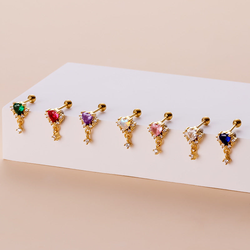 20G Cartilage Heart Dangle Stud Earrings - Sapphire & Ruby Gemstone Earrings for Women | Trendy Piercing Jewelry for Parties, Date Night & Special Occasions