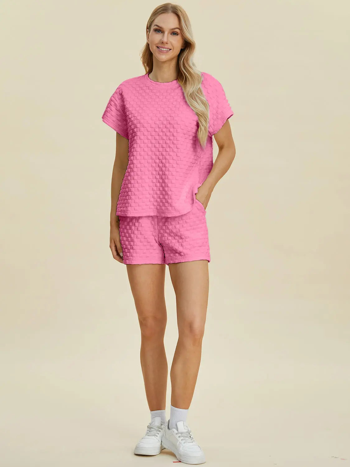 Double Take Full Size Texture T-Shirt and Shorts Set for Men - Comfortable Cotton Outfit for Casual Wear, Gym, and Lounge