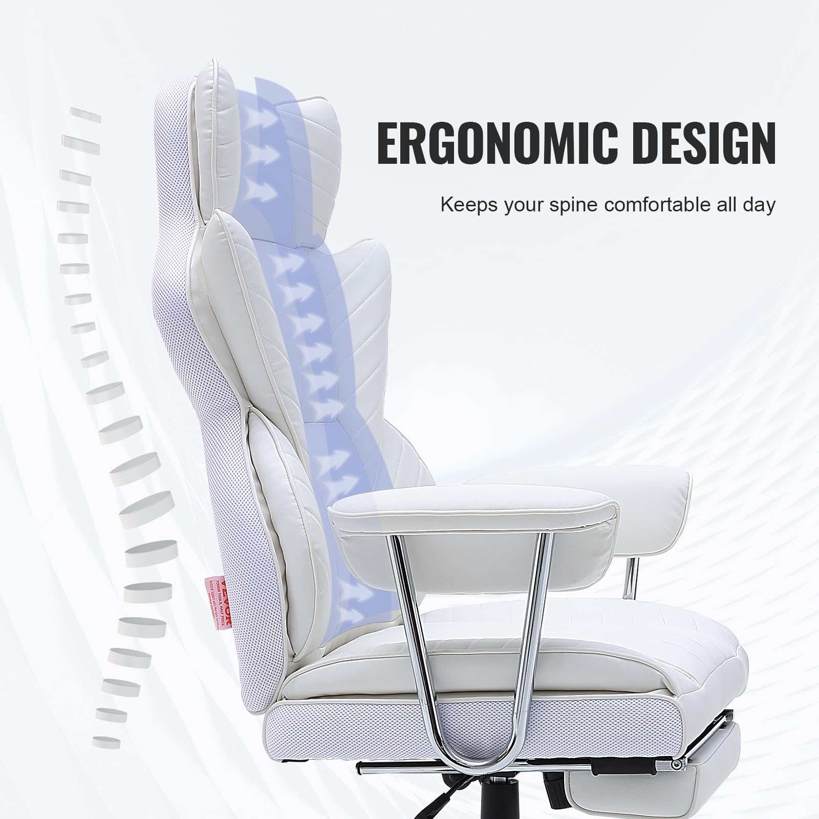 VEVOR Ergonomic Reclining Office Chair with Footrest - Heavy Duty PU Leather Executive Chair for Big & Tall - Adjustable Lumbar Support & Quiet Rolling Wheels - Perfect for Home Office, Gaming & Workspaces (White)
