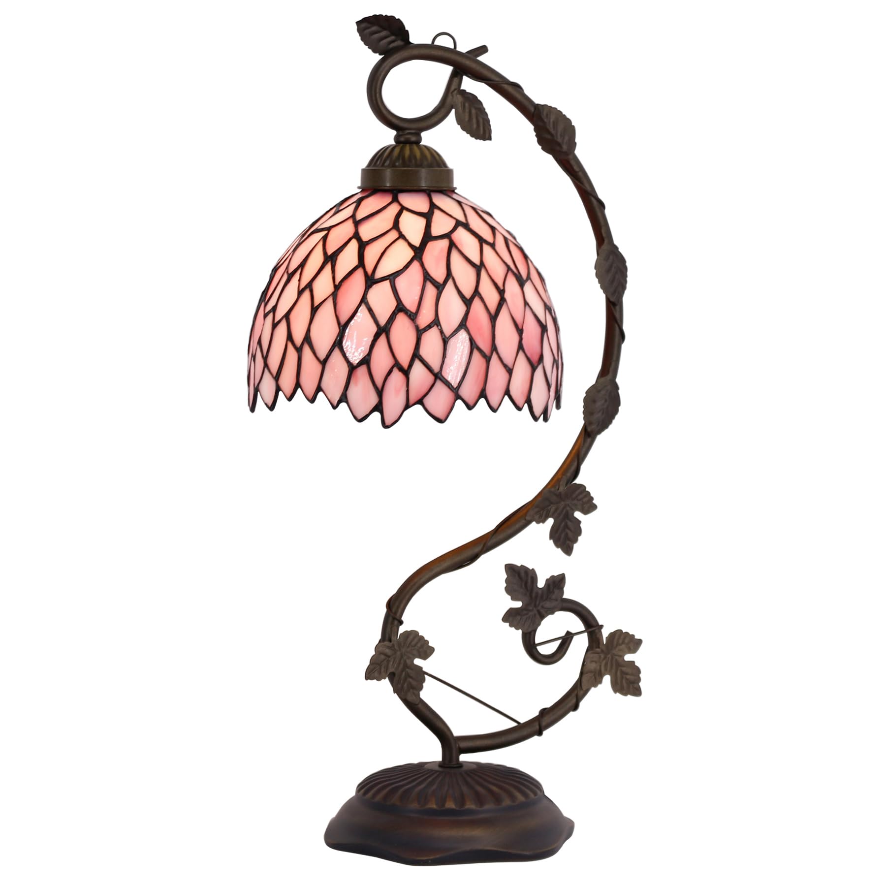 Tiffany Style Pink Wisteria Stained Glass Table Lamp with Metal Leaf Base - 8x10x21 Inch Desk Reading Light for Bedroom, Home Office & Small Space Decor (S523P Series) | Perfect for Cozy Reading Nooks, Romantic Bedside Lighting & Vintage Home Decor