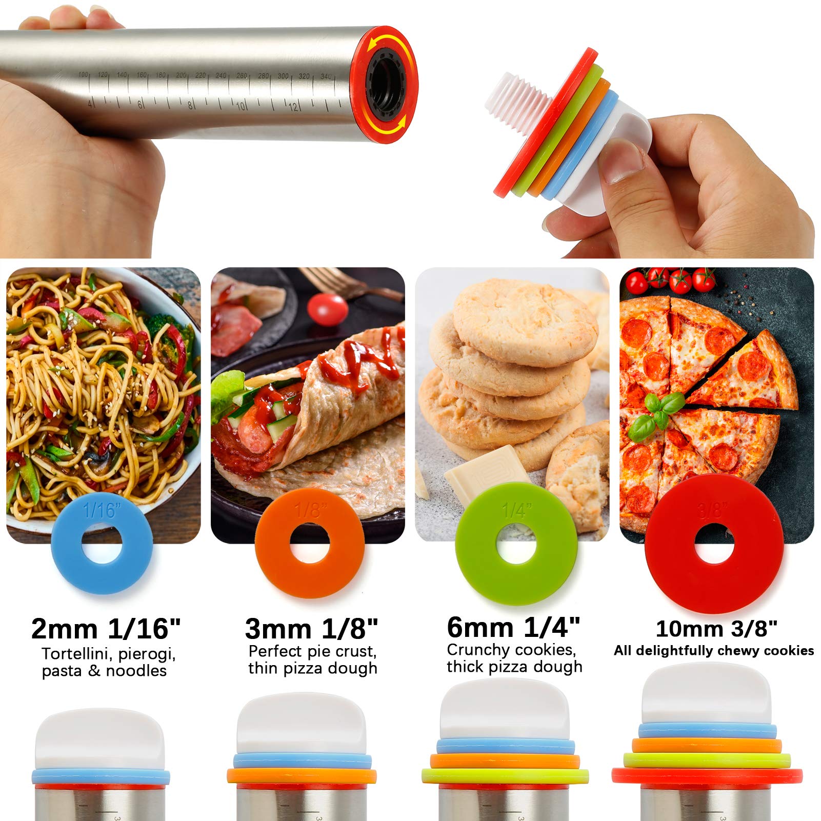 Premium Stainless Steel Rolling Pin with Thickness Rings & Silicone Baking Mat Set - Perfect for Pizza, Cookies, Pies, Pasta & Pastry Making - Essential Baking Tools for Home Chefs & Professional Bakers