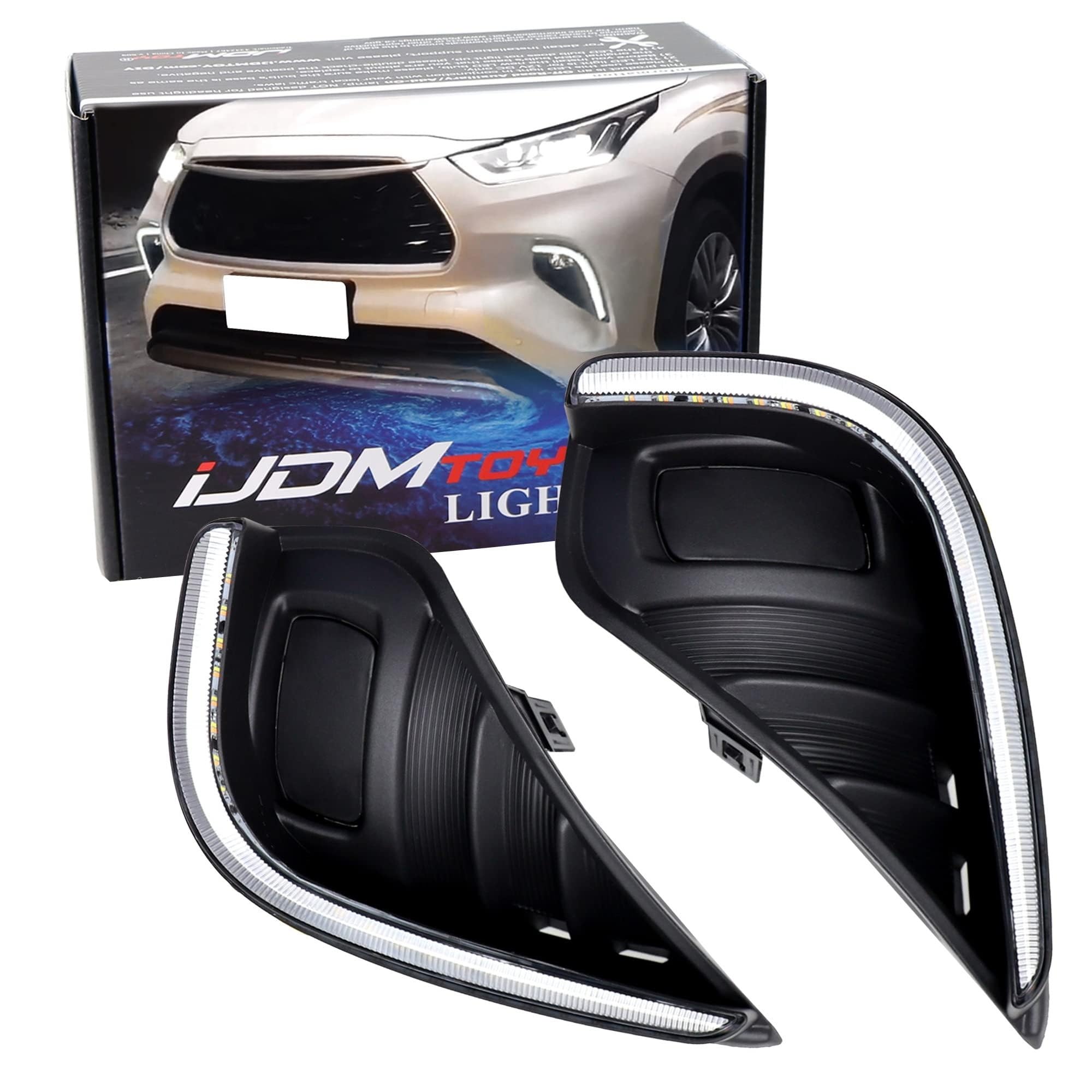 iJDMTOY White LED DRL & Amber Sequential Turn Signal Fog Bezel Replacement Kit - Compatible with 2020-2023 Toyota Highlander | Upgrade Your Daytime Running Lights for Enhanced Visibility & Style