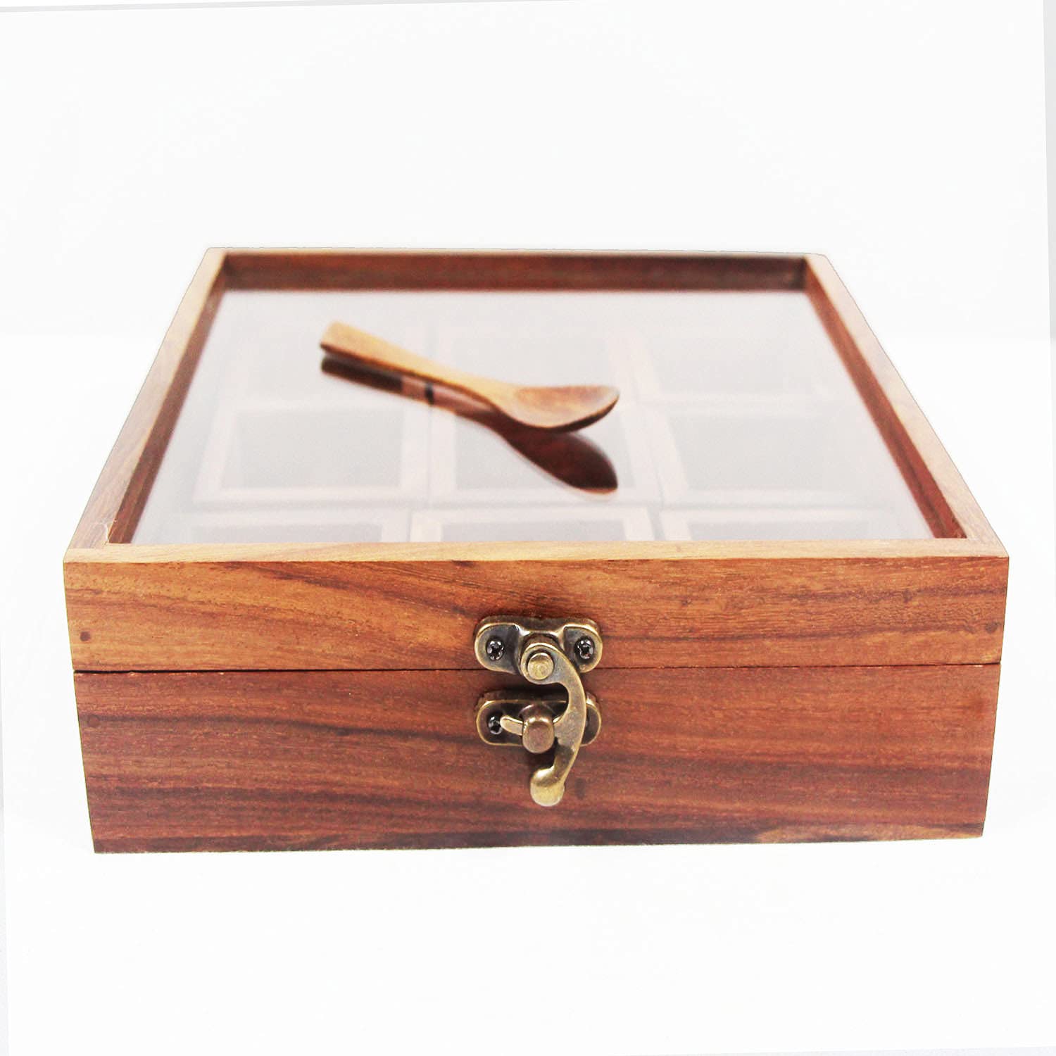 Antique Lock 9-Section Wooden Spice Box with Glass Jars - Premium Spice Storage Organizer for Kitchen, Pantry & Home Decor | Perfect for Herbs, Seasonings & Tea Collection