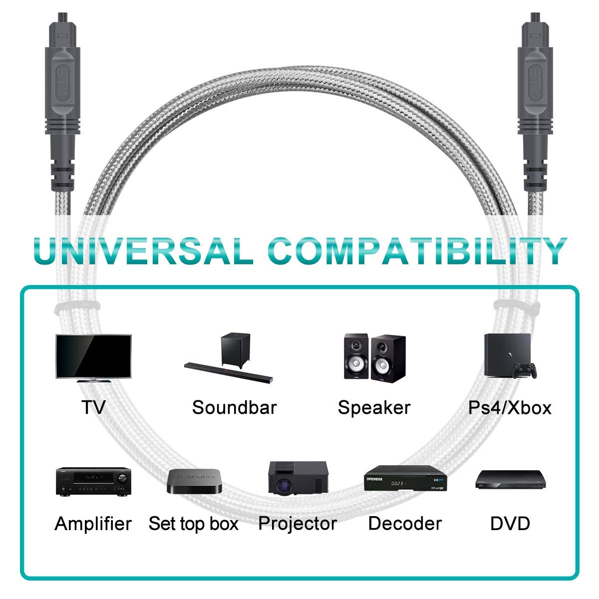 Premium EMK Toslink Optical Digital Audio Cable - 8M High-Speed Fiber Optic Cord with Cotton Braided Sleeve for Home Theater, Soundbar, TV, PS4, Xbox | Durable & Flexible for Crystal Clear Audio Transmission | Perfect for Gaming, Movie Nights & Hi-Fi Systems
