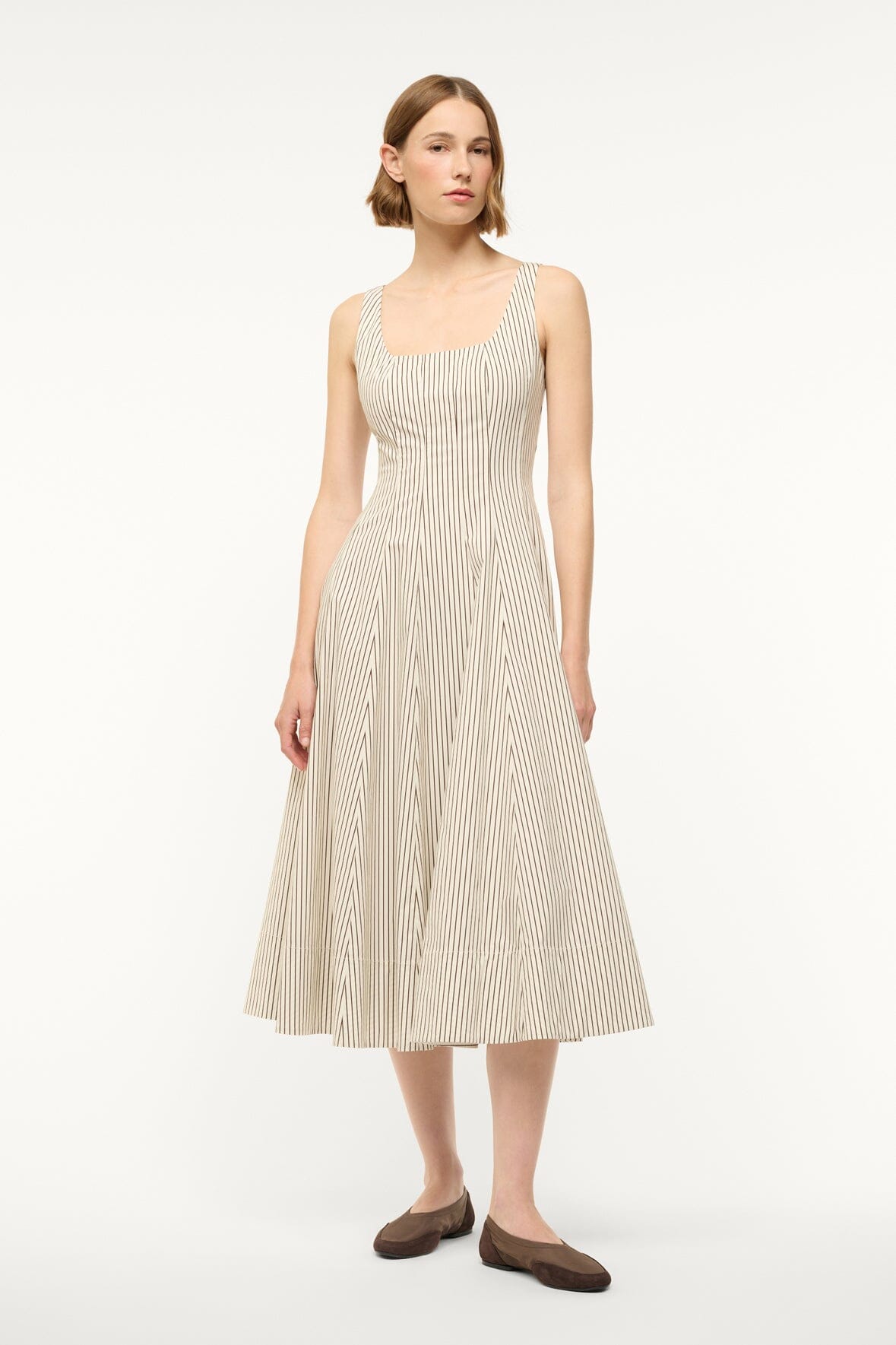 WELLS DRESS | Ivory Dark Oak Micro Stripe Women's Dress - Perfect for Office Wear, Cocktail Parties & Formal Events