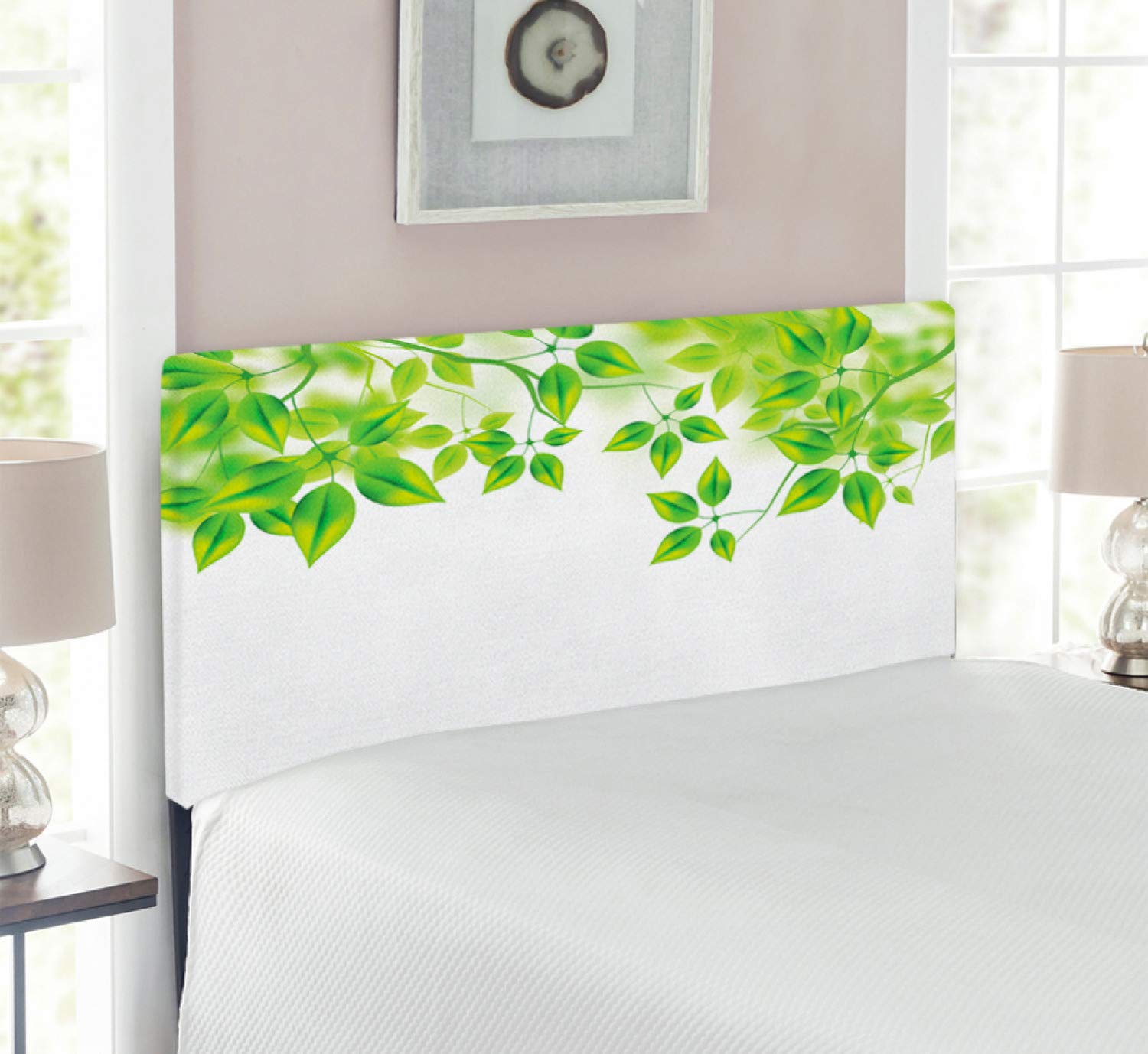Ambesonne Green & White Leaf Pattern Upholstered Headboard with Memory Foam - Twin Size Metal Bed Frame for Spring Decor | Botanical Bedroom Accent for Home & Guest Room