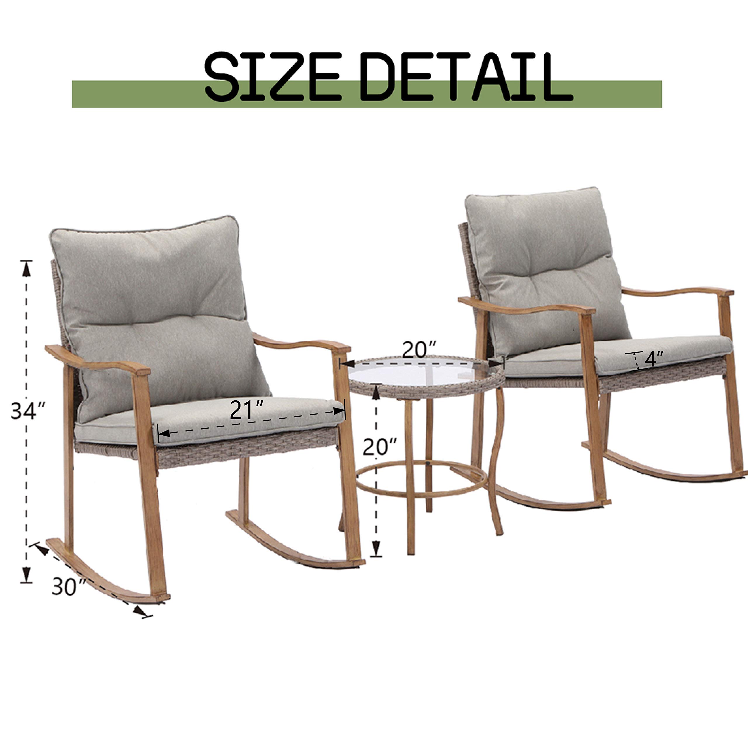 HOMPUS 3-Piece Outdoor Rocking Chair Set - Wicker Patio Furniture with Wood Armrests & Warm Gray Cushions, Includes Glass Coffee Table - Perfect for Front Porch, Balcony, Garden, and Backyard Relaxation