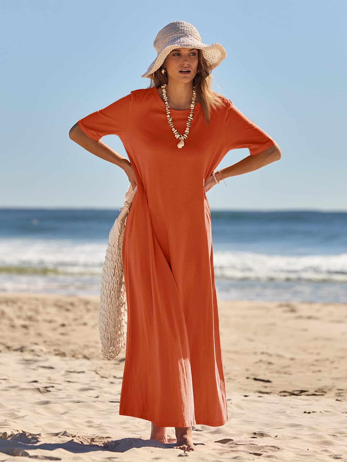 MEROKEETY Women's Summer Maxi Dress - Casual Short Sleeve Crewneck T-Shirt Dress for Beach Vacation & Everyday Wear | Flowy Long Dress for Spring Summer Outfits, Travel, Date Night