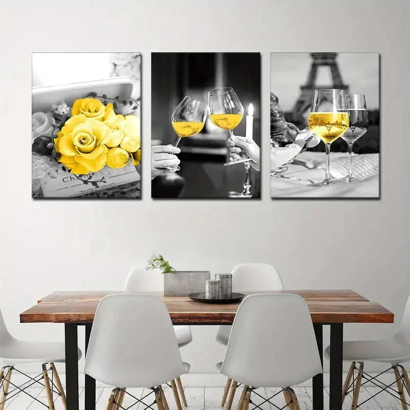 3-Piece Glass Yellow Rose Kitchen Wall Art - Paris Metal Print Ready to Hang - Perfect for Home Decor, Kitchen Backsplash & Dining Room Wall Decor