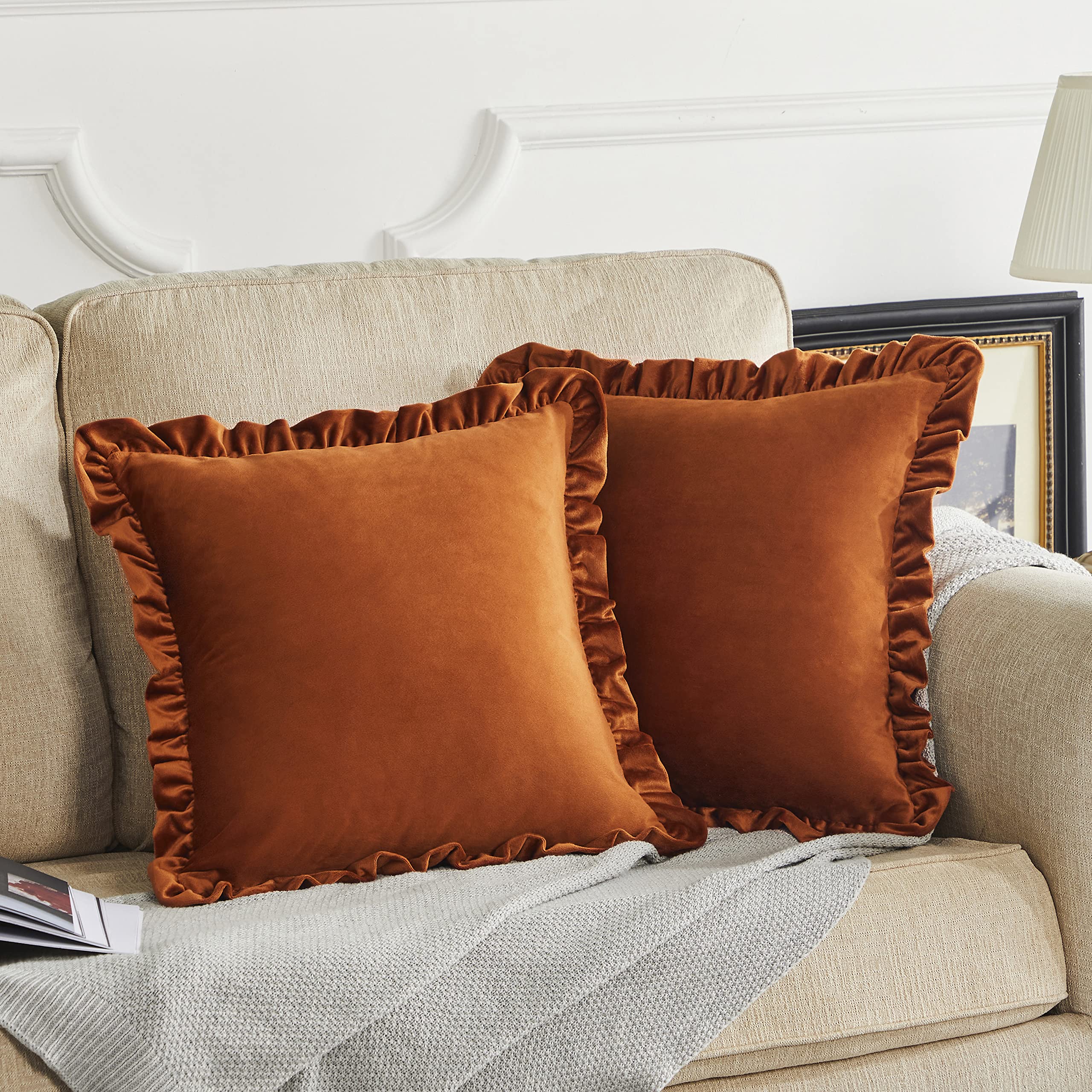 GIGIZAZA Burnt Orange Velvet Ruffle Decorative Throw Pillow Covers 18x18 Inch - Set of 2 for Sofa, Couch, Bedroom & Living Room - Soft Luxury Home Decor Accent Pillows