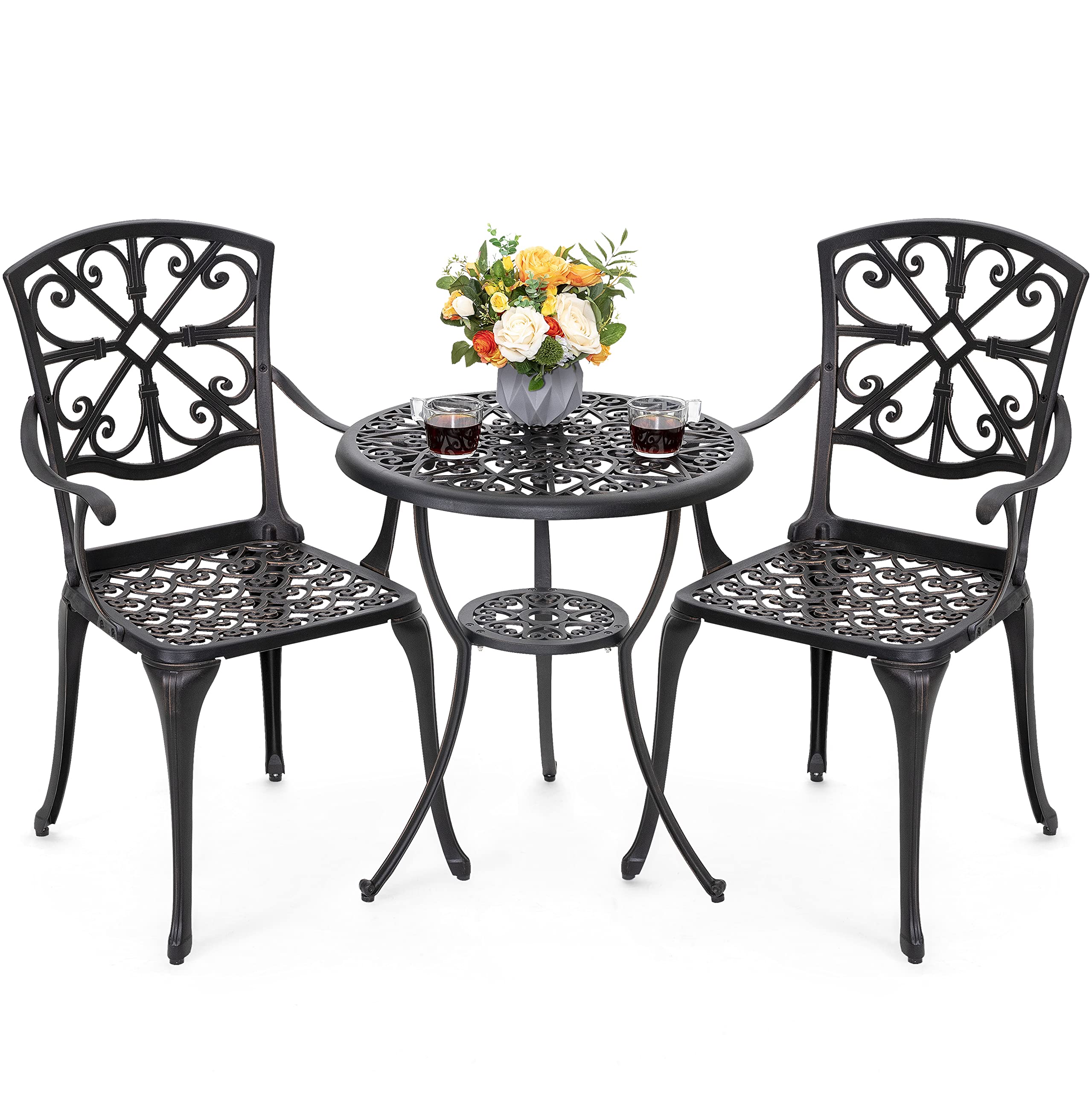 NUU GARDEN 3-Piece Outdoor Bistro Set - Rustproof Cast Aluminum Patio Table and Chairs with Umbrella Hole - Perfect for Backyard, Balcony, Front Porch, Garden & Poolside (Black)