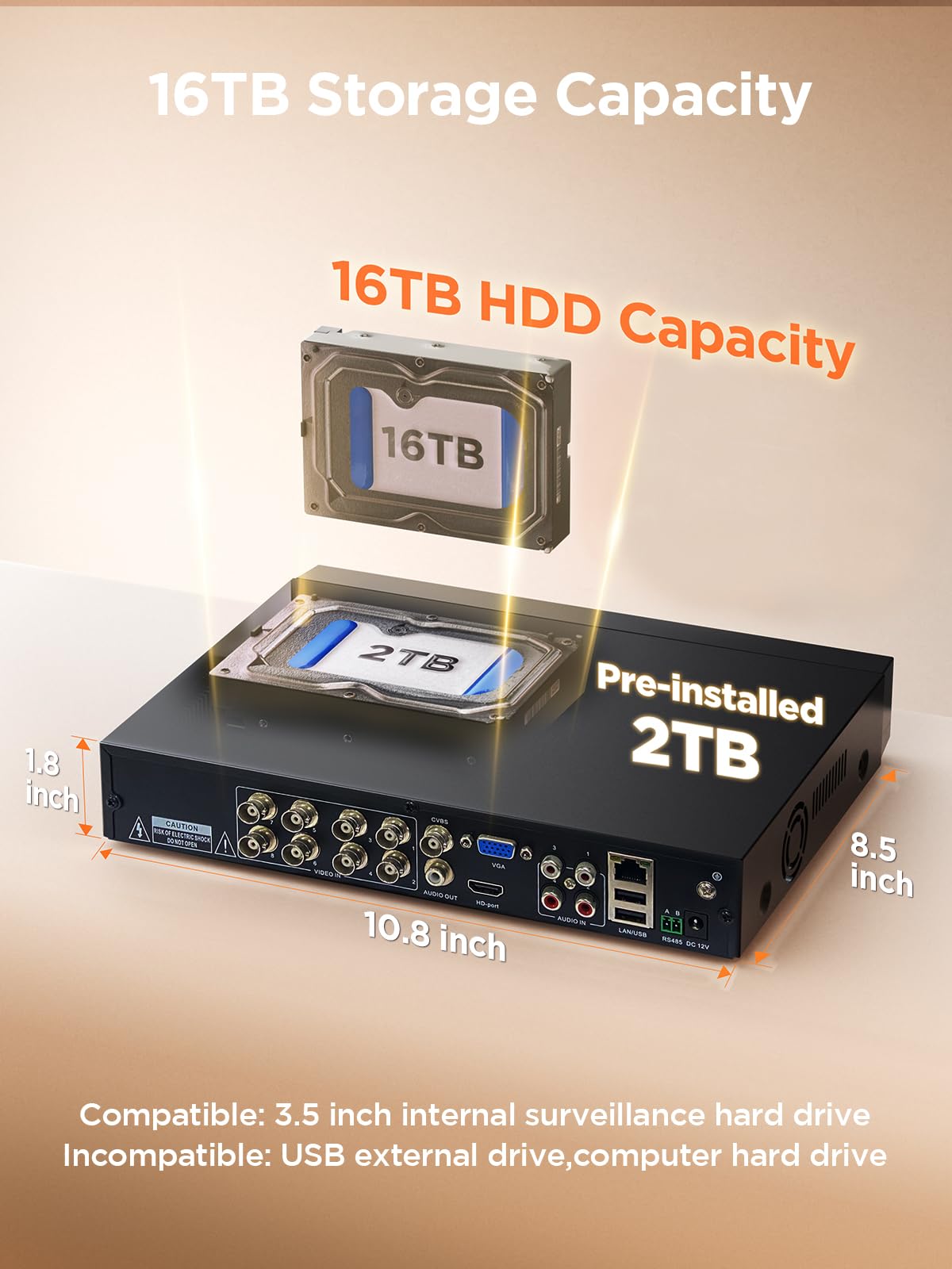 TIGERSECU 5MP 8 Channel Hybrid Security DVR/NVR System with 2TB HDD - Supports 16 Cameras (8 Analog/TVI/AHD/CVI + 8 IP) & RS485 PTZ - 6-in-1 Home & Business Surveillance Recorder for Indoor/Outdoor Security Monitoring