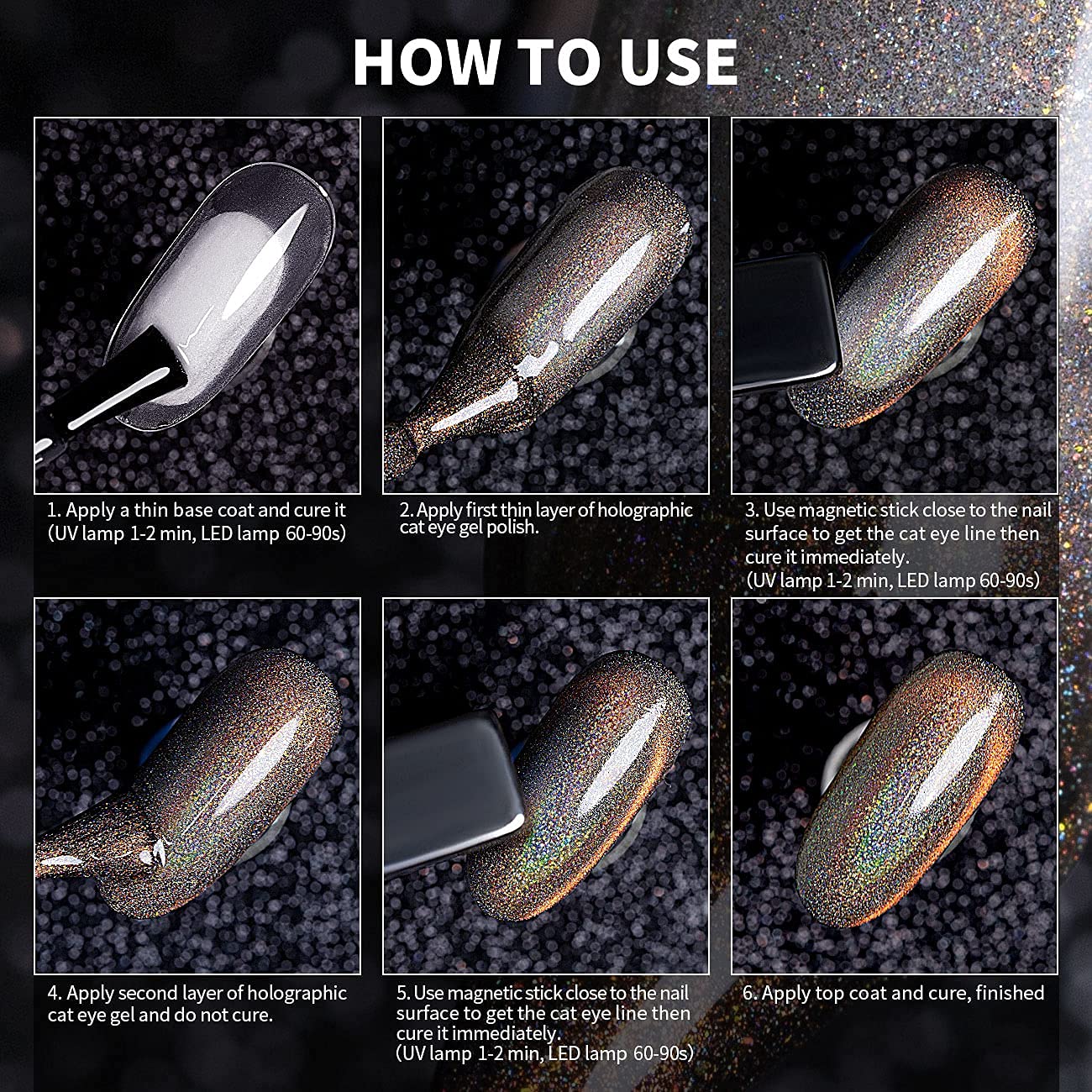 RARJSM Holographic Cat Eye Gel Nail Polish Set - 6PCS Magic Chameleon Galaxy Magnetic Nail Polish Kit with Glitter Diamond Effect (7.5ML) - Professional Salon Quality Manicure Varnish with Magnetic Stick - Perfect for Nail Art, Parties, and Special Occasions