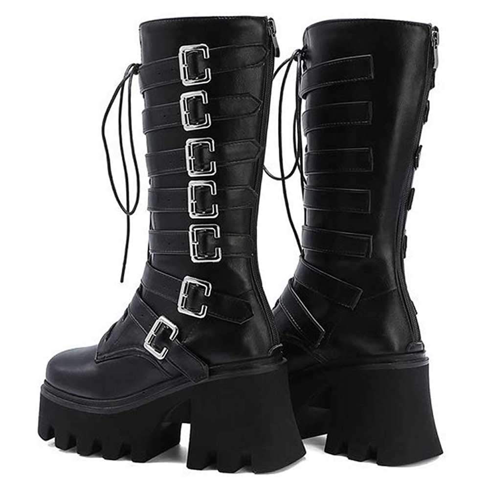 Women's Studded Mid Calf Combat Boots - Thick Platform Round Toe Punk Gothic Boots with Buckle & Rivet Details - Perfect for Halloween, Concerts & Edgy Street Style