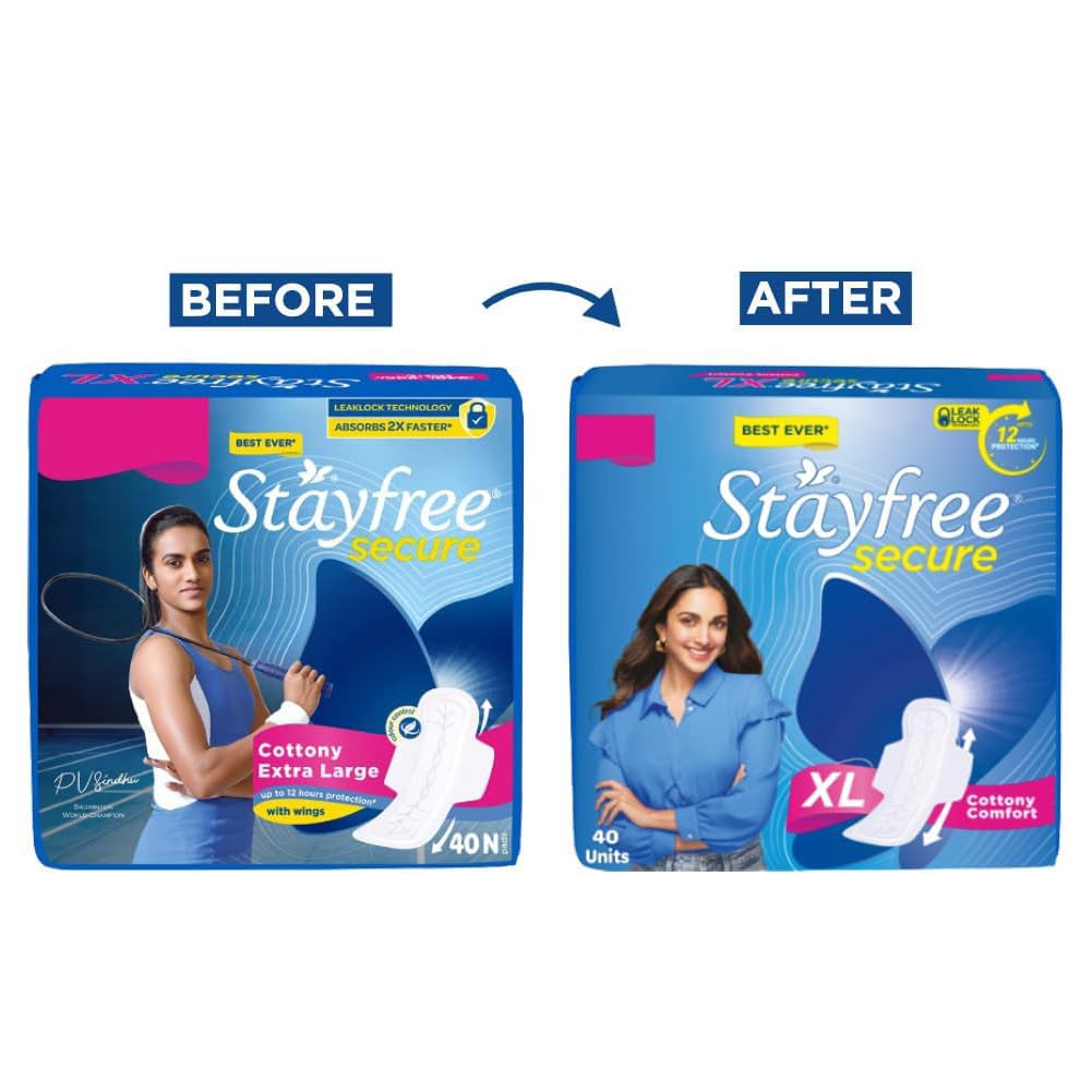 Stayfree Secure Extra Large Cottony Soft Cover Sanitary Pads with Wings for Women - 40 Count | Ultra Absorbent for Heavy Flow | Day & Night Protection for Active Lifestyles
