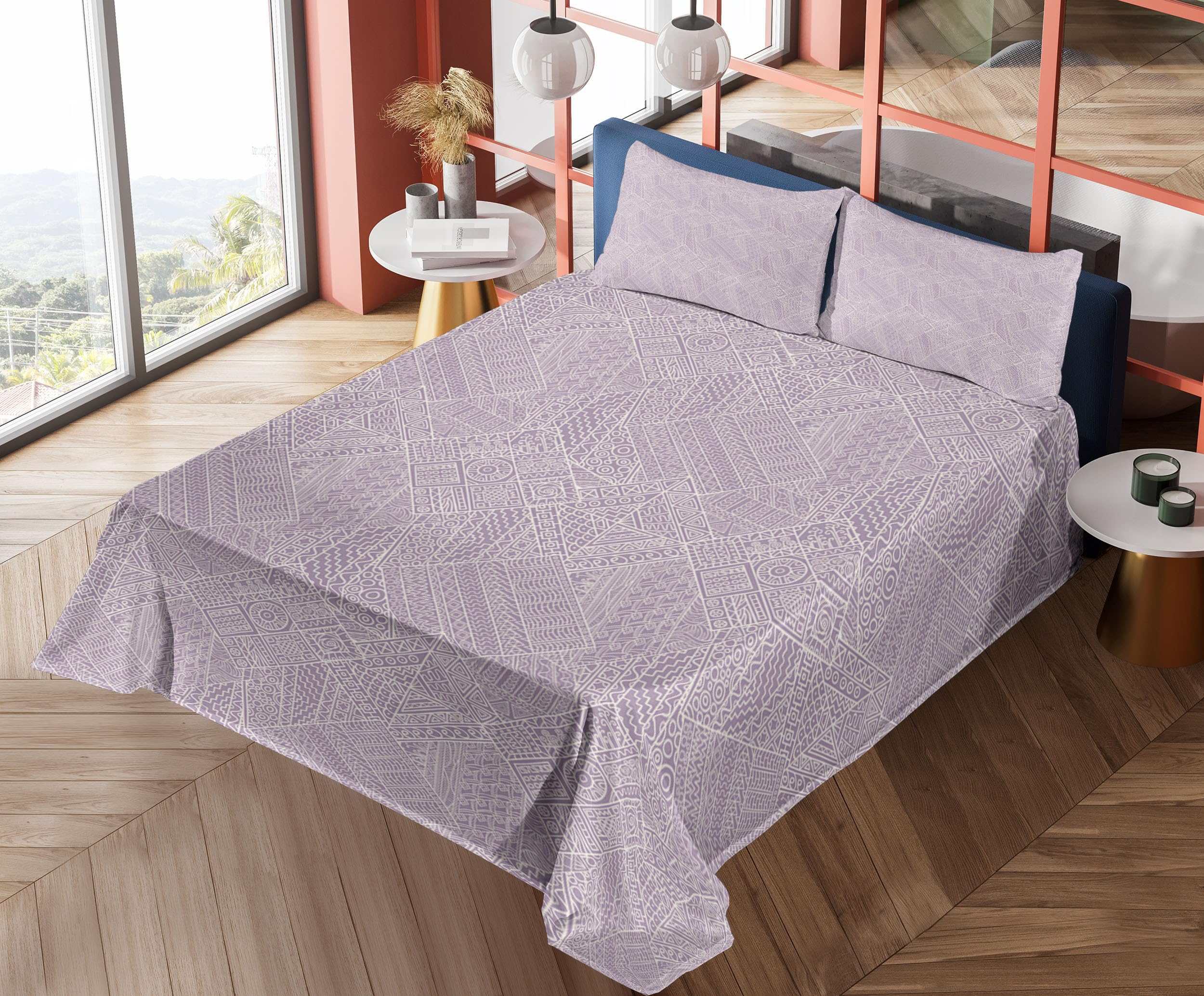 Ambesonne Abstract King Size 4-Piece Sheet Set - Hand Drawn Geometric Zigzags, Circles & Swirls in Soft Pastel Mauve & Eggshell | Fitted Sheet, Flat Sheet & 2 Pillowcases | Luxury Bedding for Modern Home Decor, Guest Room & Cozy Bedroom Retreat
