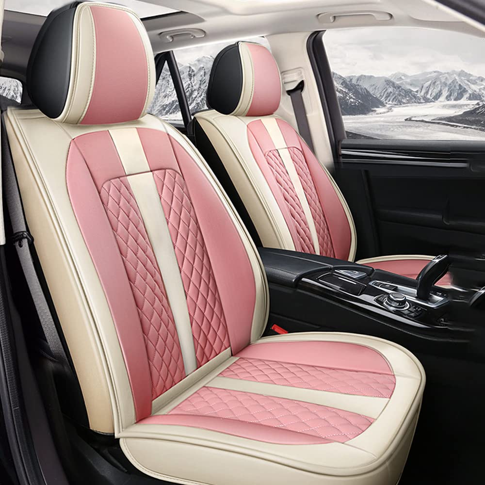 Premium Waterproof Scratch-Resistant Non-Slip Leather Car Seat Covers - Full Set Compatible with Seat Ibiza & Airbag Safety (Beige/Pink) | Luxury Protection for Daily Commute, Road Trips & Family Travel