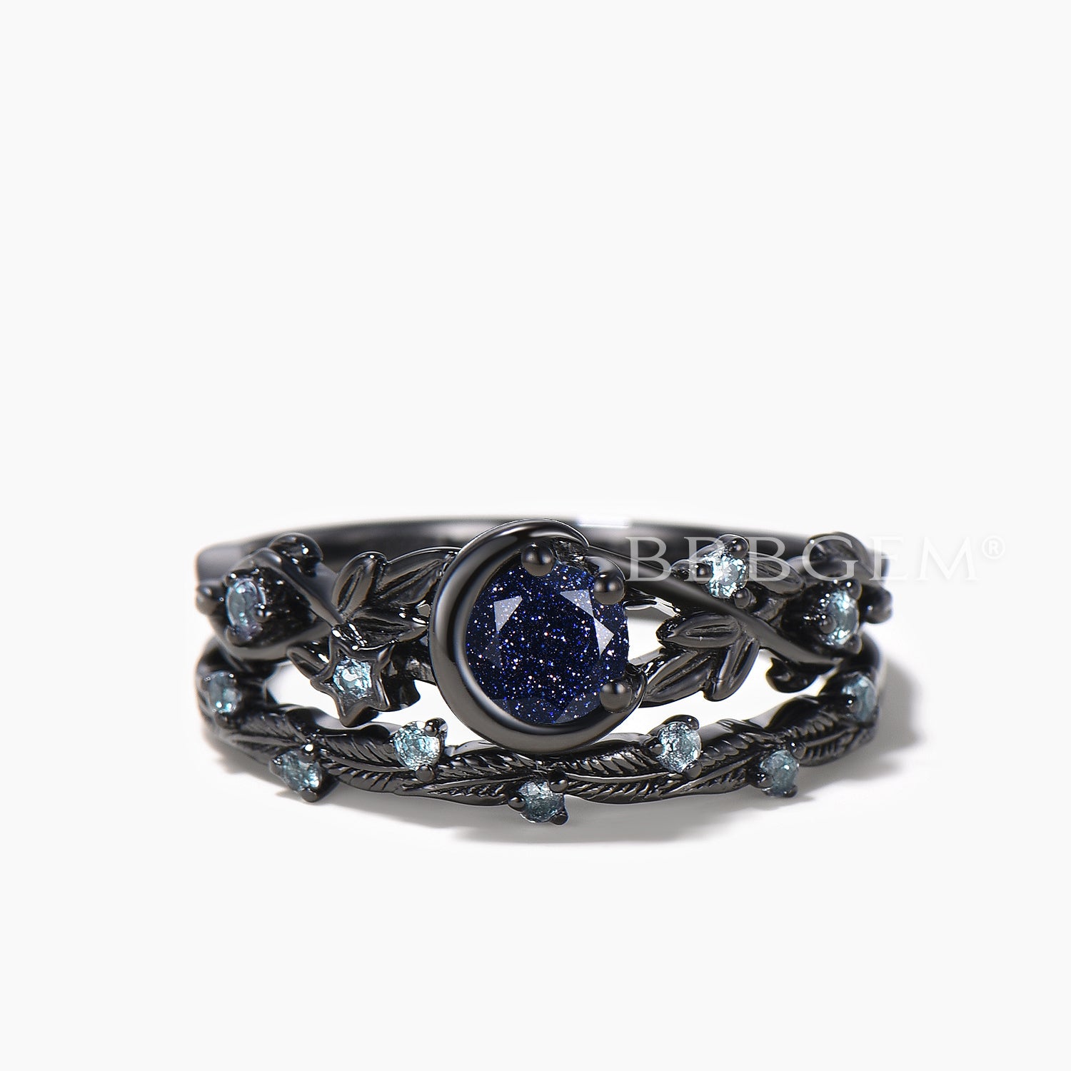 Blue Sandstone & Alexandrite Moon Engagement Ring Set with Leaf Design – Perfect for Bridal, Wedding, and Anniversary Jewelry Gifts