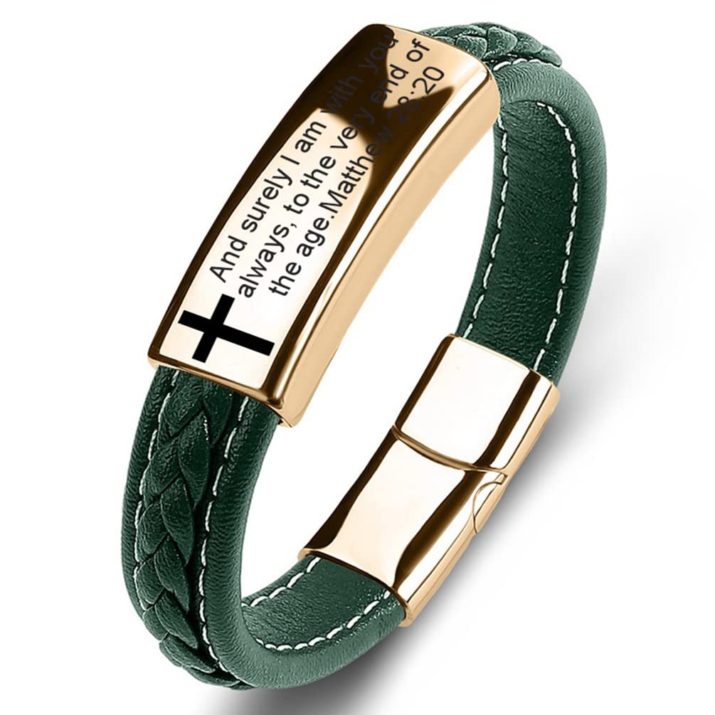 SHNIAN Personalized Leather Christian Bracelet with Magnetic Clasp - Religious Jewelry Gift for Men & Women - Perfect for Daily Wear & Church