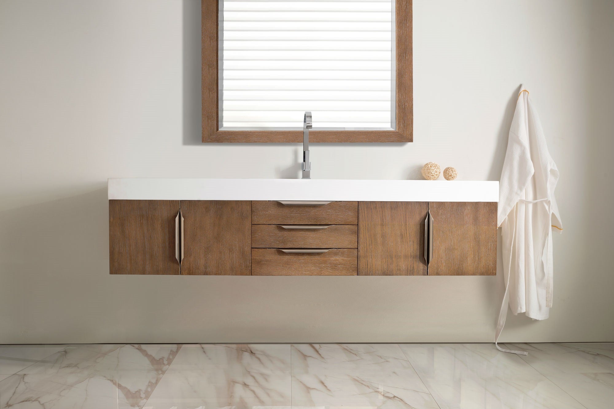 72 Inch Mercer Island Single Bathroom Vanity in Latte Oak with Glossy White Composite Top - Perfect for Modern Master Bathrooms & Powder Rooms