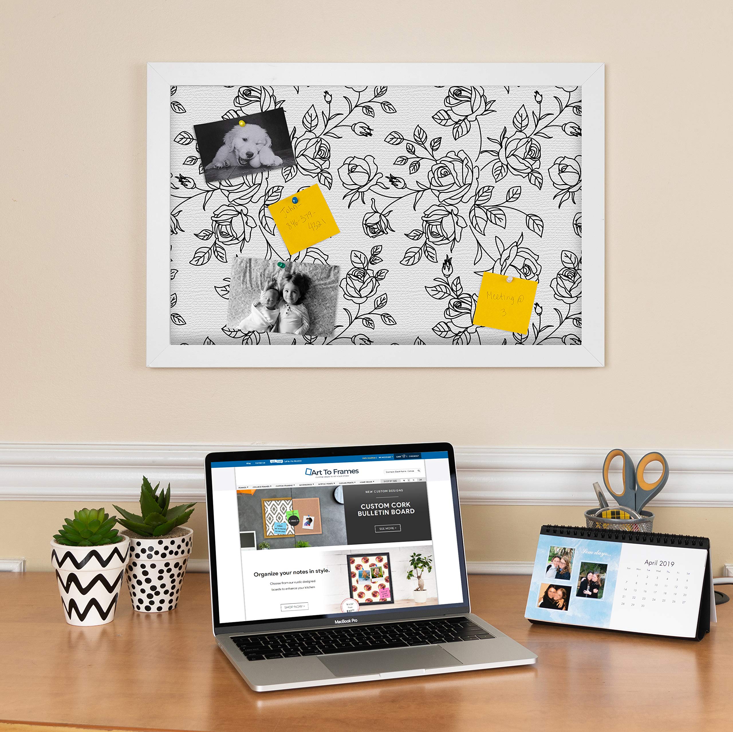 ArtToFrames 36x24 Inch Floral Black Rose Cork Bulletin Board - 2x3 Feet Custom Fabric Canvas Pin Board with Satin White Frame (PinPix-164-36x24_FRBW26074) - Perfect for Home Office, Classroom, or Creative Workspace Decor