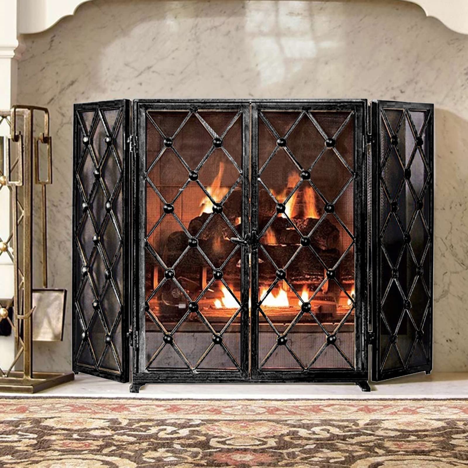 Black Rustic Folding Iron Mesh Fireplace Screen with Door - 3-Panel Spark Guard for Indoor/Outdoor Use - Baby & Pet Safe Fire Pit Protector for Wood Burning & Gas Fireplaces - Perfect for Living Rooms, Patios & Camping