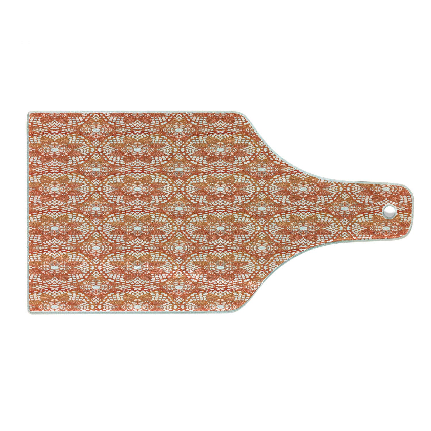 Ambesonne Folk Cutting Board - Traditional Floral Doily Inspired Circular Tempered Glass Cutting & Serving Board with Lace-like Art, Wine Bottle Shape in Vermilion Burnt Orange & White - Perfect for Cheese Platters, Charcuterie Displays & Elegant Home Decor
