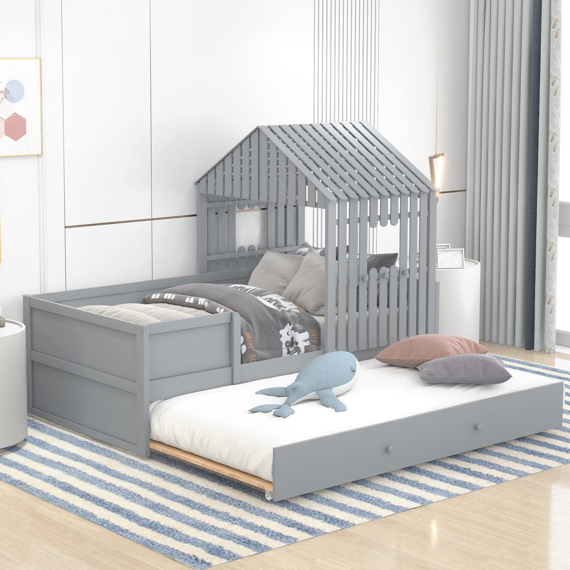 Polibi Twin Size Wooden Loft House Bed with Trundle, Window, Roof & Guardrail - Grey | Space-Saving Kids Bedroom Furniture for Small Rooms & Dorm Decor