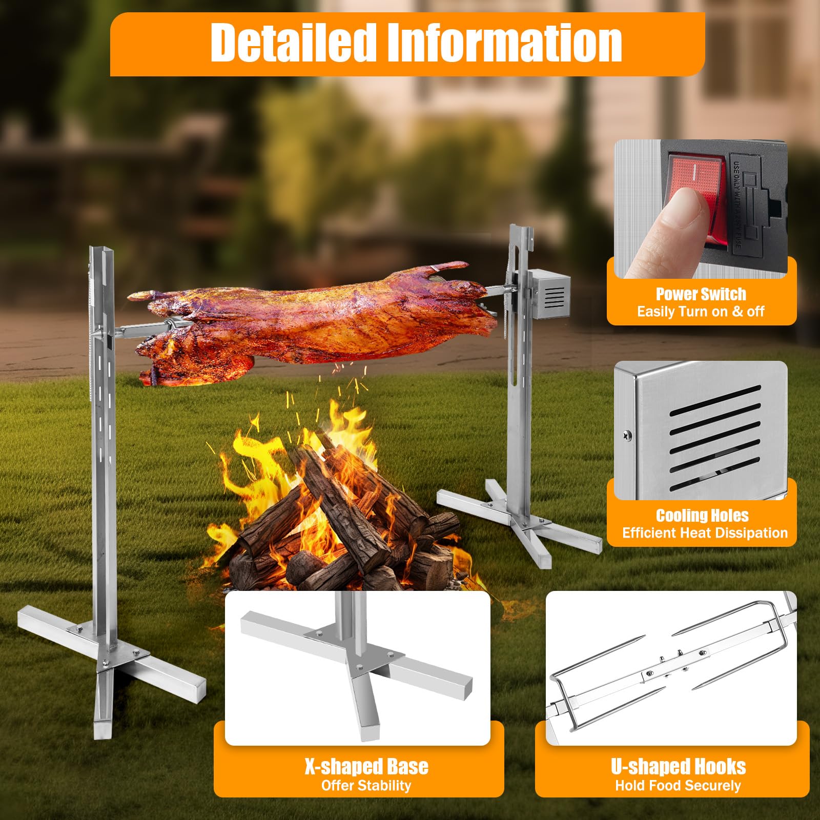 Electric Rotisserie Grill Roaster - 15W Motor, 70KG Capacity, Stainless Steel for Pig, Chicken, Lamb - Perfect for BBQ, Camping, Picnic & Outdoor Cooking