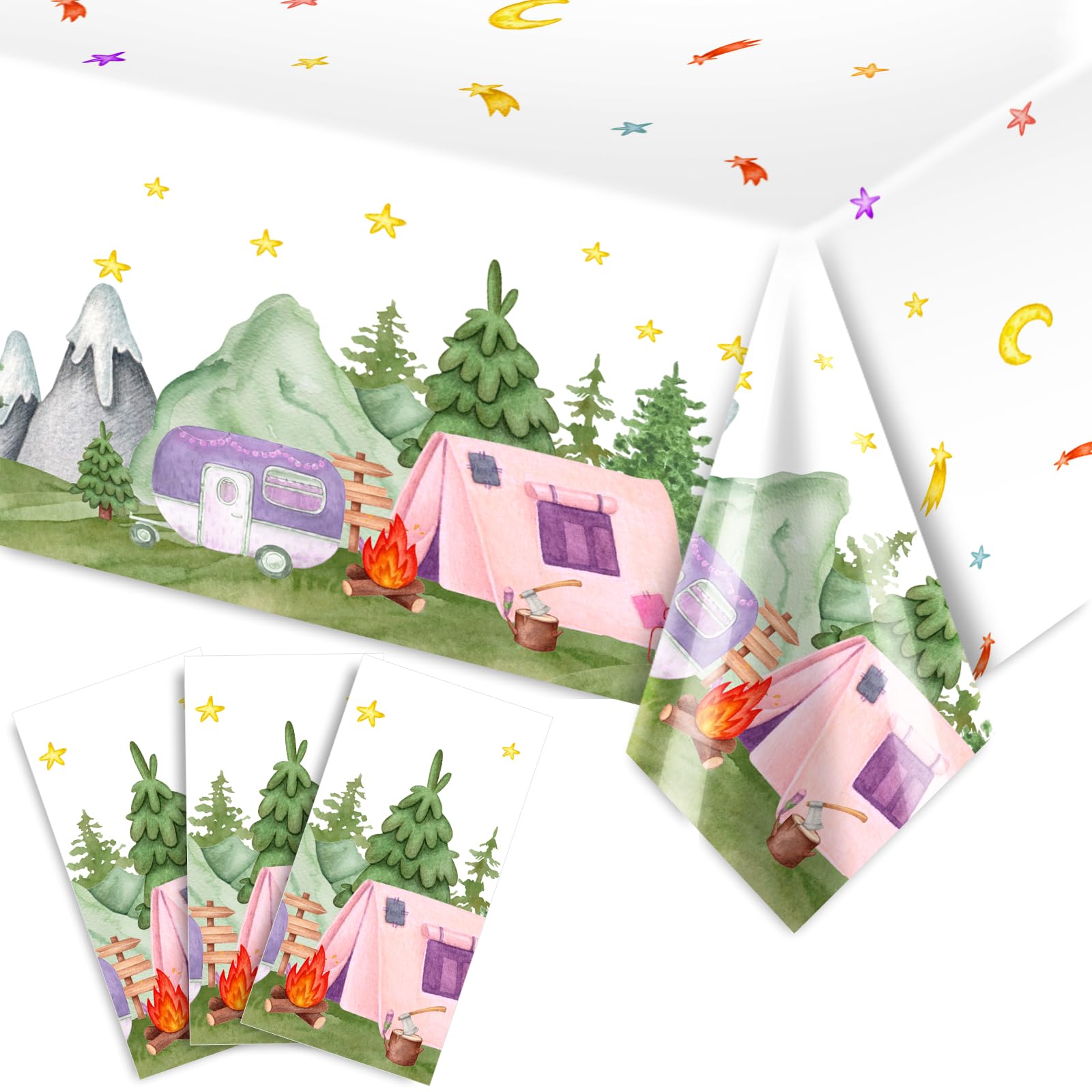 3Pcs Waterproof Plastic Tablecloth 54 x 108 Inch - Happy Camper Party Table Cover for Camping, Picnic, Hiking, Baby Shower & Bachelorette Decor | Durable Kitchen & Outdoor Dining Table Protector