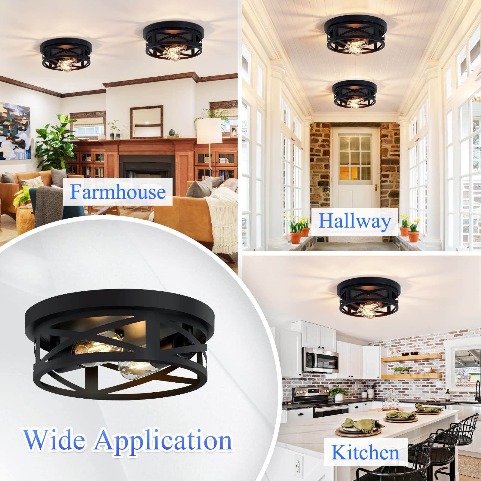 Black Flush Mount Ceiling Light Fixture - 2 Pack Modern Farmhouse Lighting for Hallway, Kitchen & Bedroom - Energy Efficient LED Compatible - Easy Installation Indoor Ceiling Lights for Home Decor