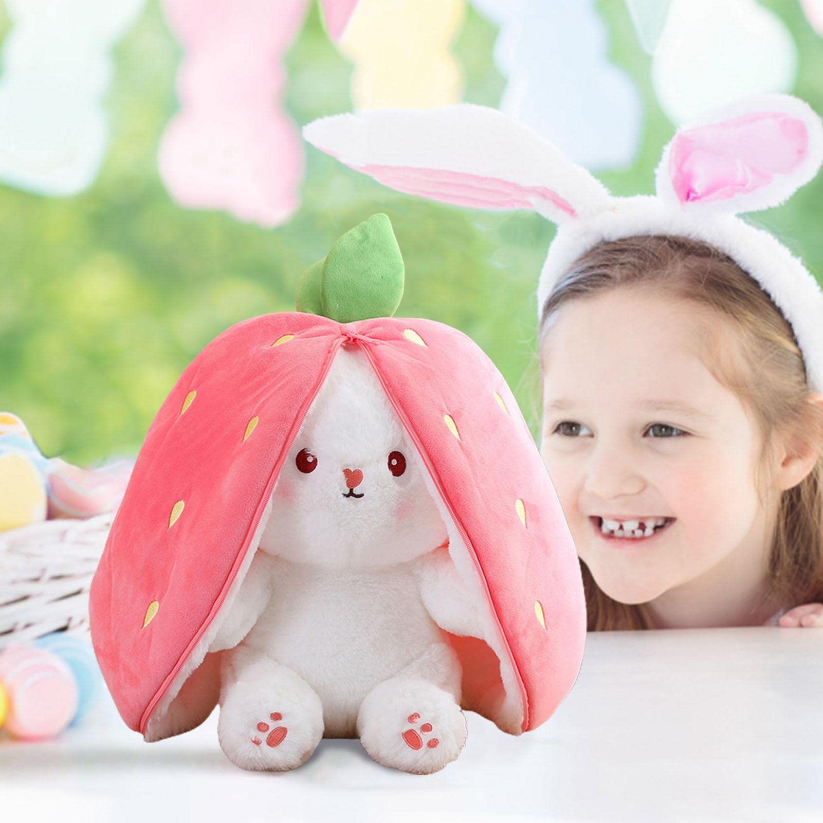 Luckxing Rabbit Hide and Seek Plush Toy - Soft Easter Bunny Stuffed Animal Wrapped in Carrot or Strawberry - Cute Birthday Gift for Kids & Easter Decorations - Perfect for Easter Basket Stuffers, Nursery Decor, and Children's Gifts