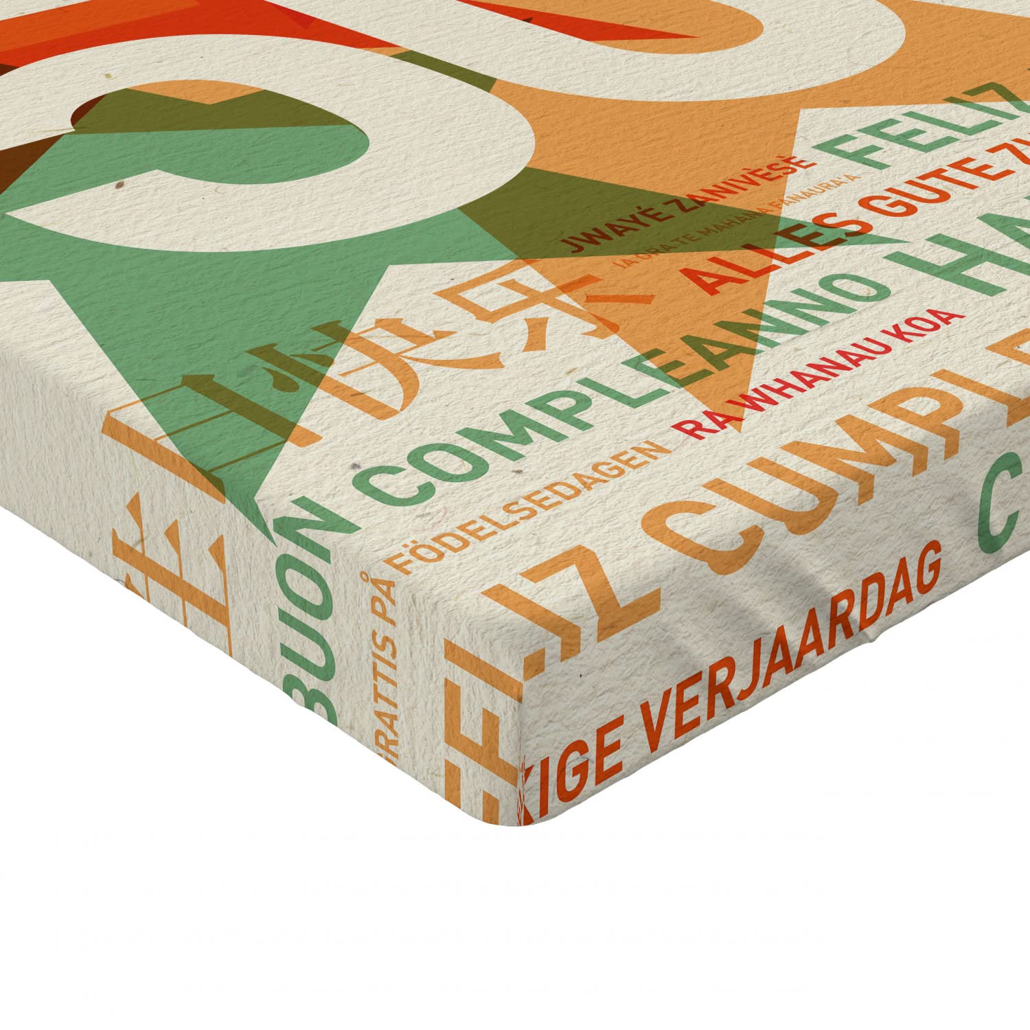 Ambesonne 50th Birthday Fitted Sheet - Multilingual Happy Birthday Retro Design with Stars Print, Deep Pocket Elastic Twin Size Bed Sheet in Green Red Orange - Perfect for Birthday Parties, Room Decor & Photo Backdrops