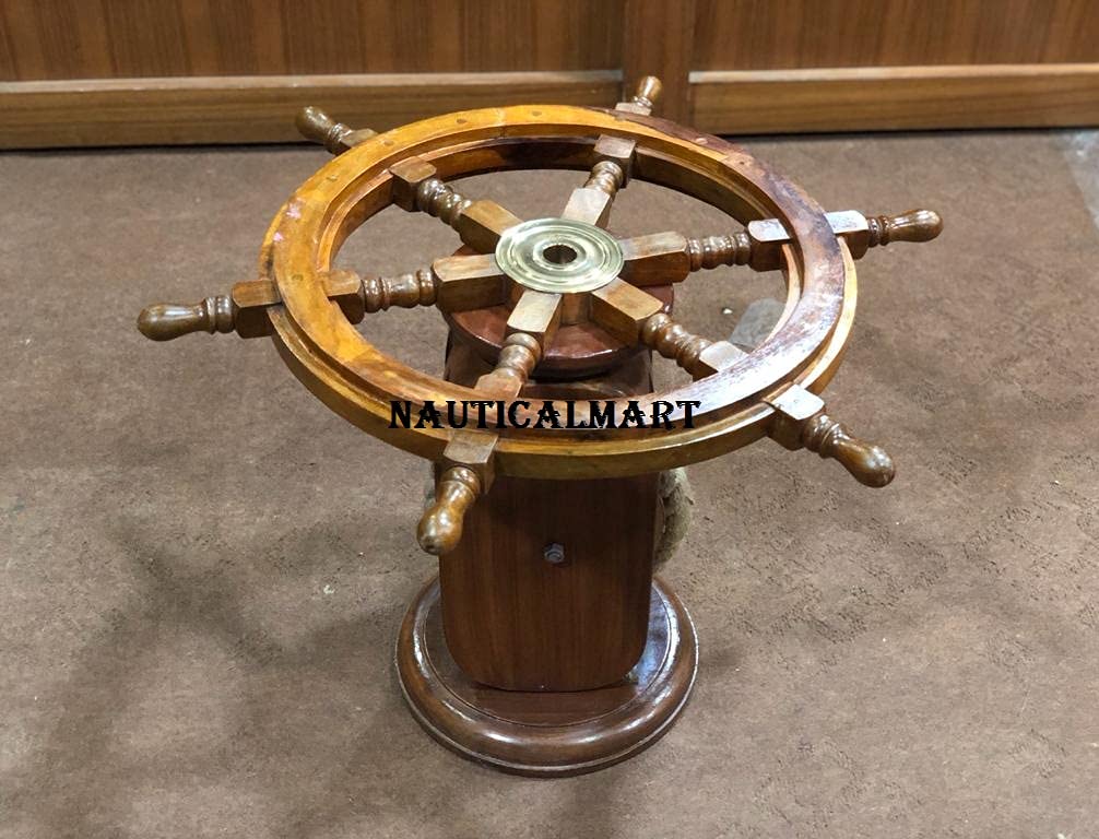 Nautical Ship Wheel Coffee Table with Rope Base - 36