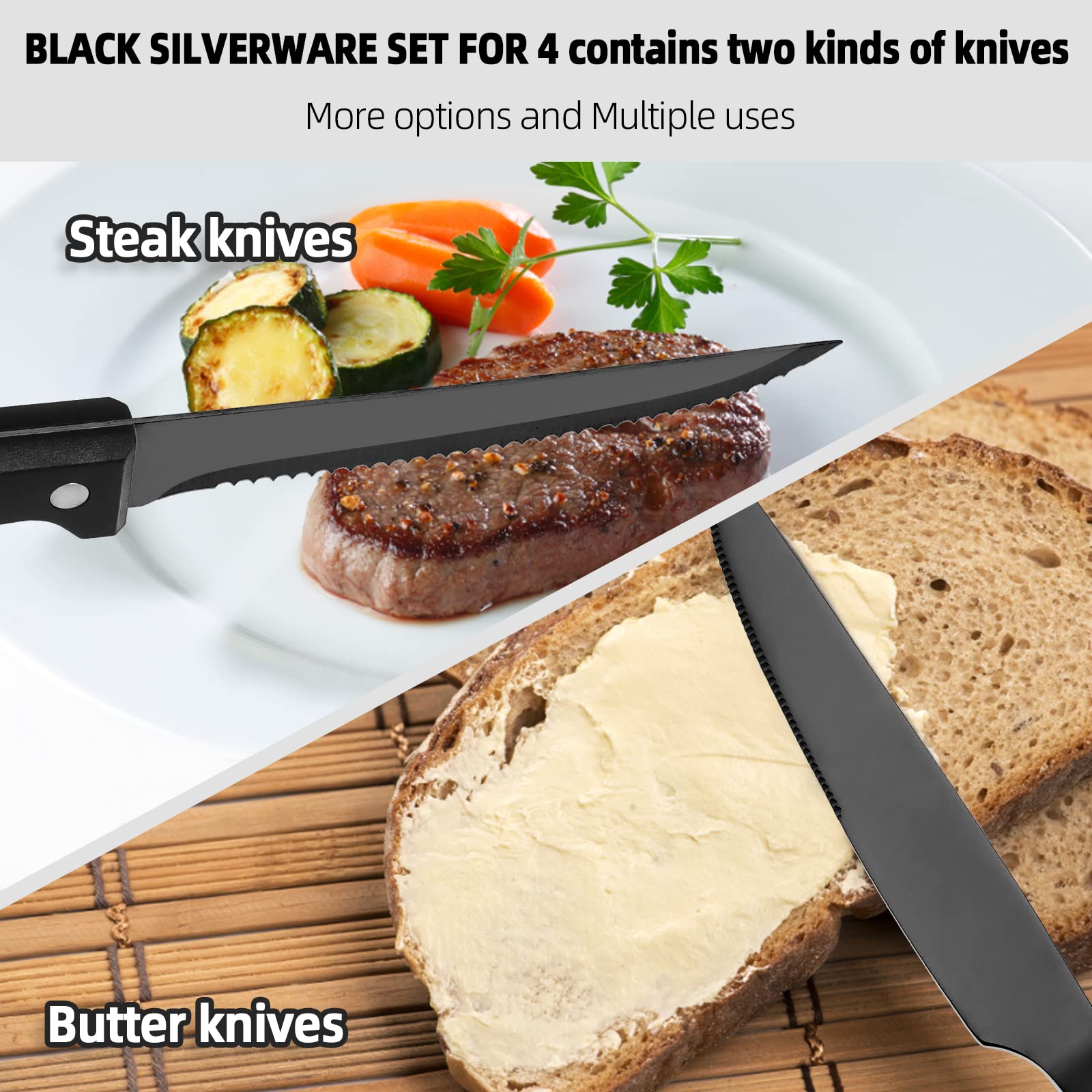 24-Piece Black Silverware Set for 4 with Steak Knives - Premium Stainless Steel Flatware Set for Dining - Elegant Black Cutlery Set for Home & Kitchen - Perfect for Dinner Parties, Restaurants & Daily Use - Hand Wash Recommended