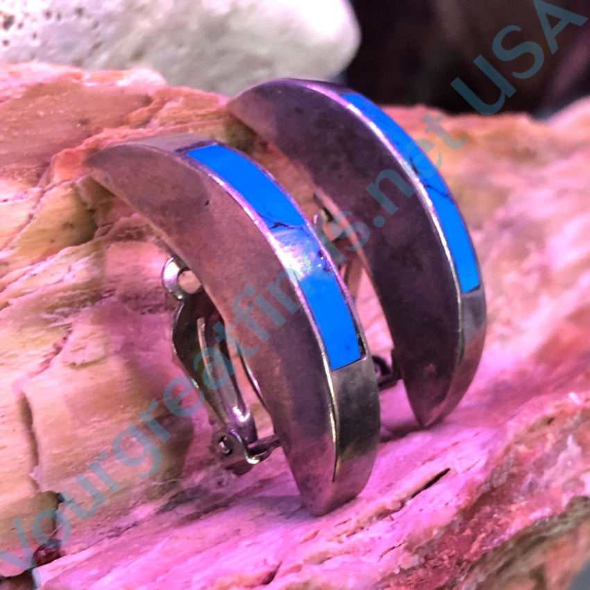 Vintage Mexican Sterling Silver Turquoise Inlay Modernist Clip Earrings for Women | Handmade Southwest Style Jewelry | Perfect for Boho Fashion, Parties & Special Occasions