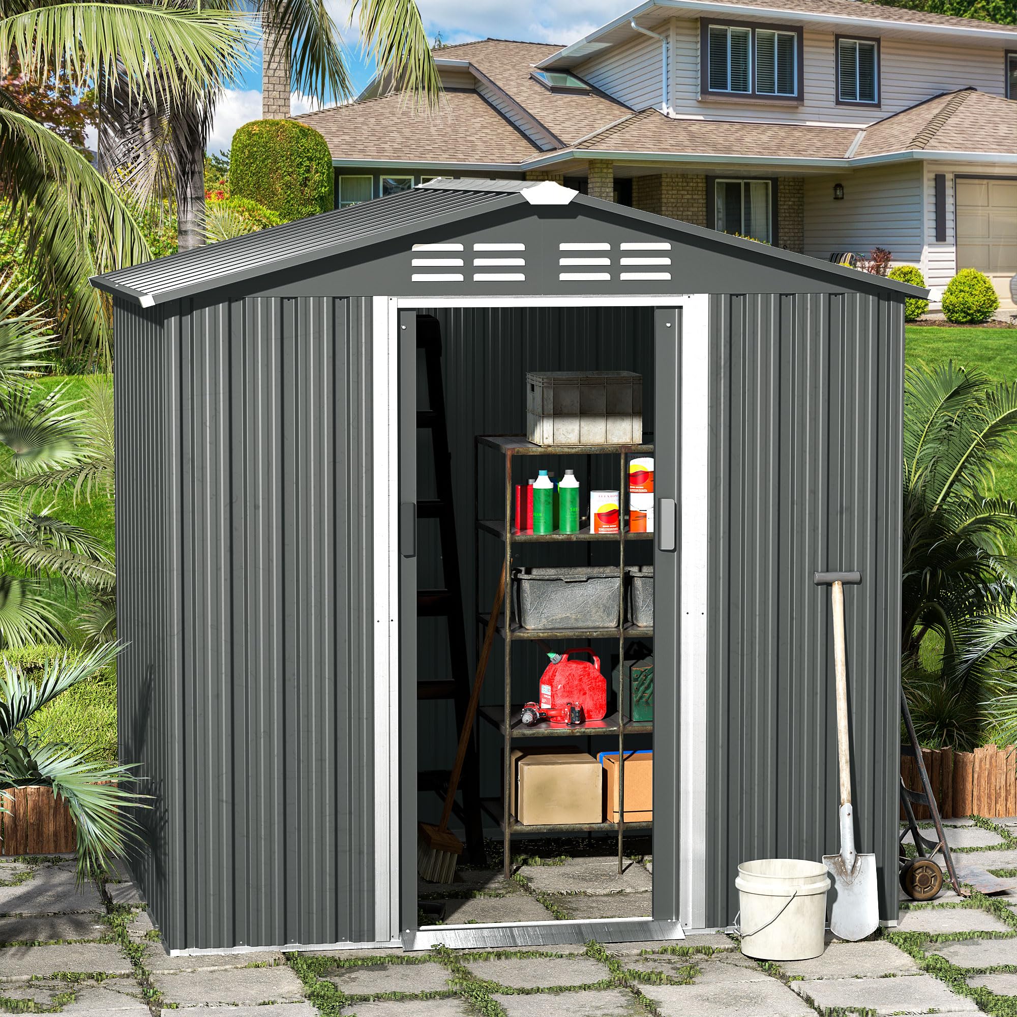 Gotland 6FT x 4FT Metal Storage Shed with Lockable Sliding Doors & Air Vents | Outdoor Utility & Tool Organizer for Garden, Backyard, Patio, Lawn | Perfect for Storing Lawn Mowers, Bikes & Seasonal Items