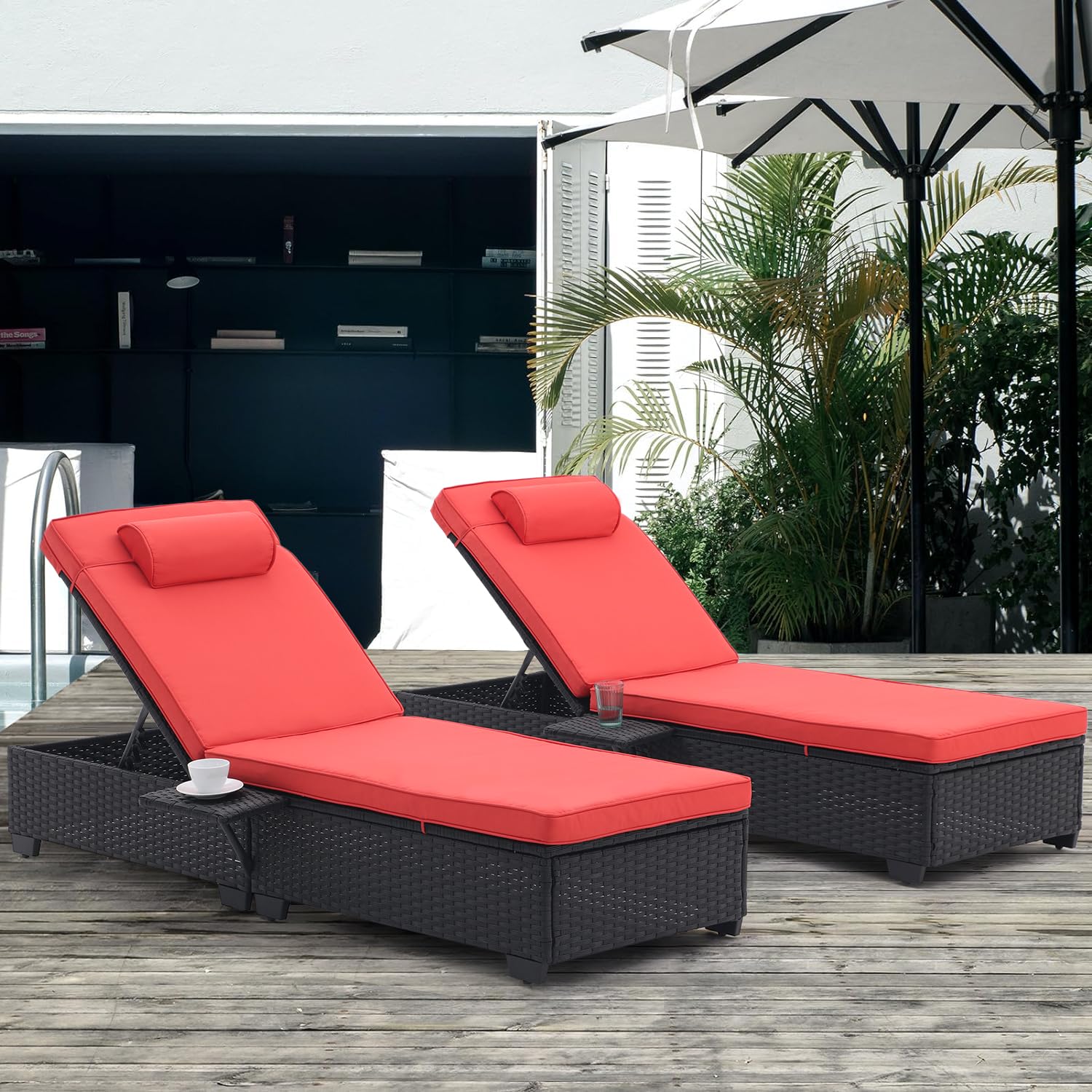 5-Speed Adjustable PE Rattan Chaise Lounge Chairs for Outside - Set of 2 with Cup Holder & Cushions - Patio, Poolside, Beach & Yard Reclining Chairs (Orange Red) - Perfect for Sunbathing, Relaxing & Outdoor Lounging