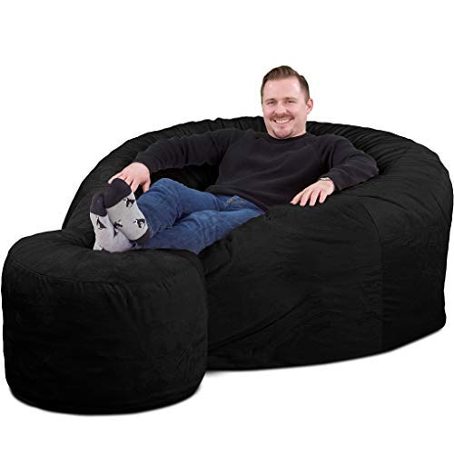 ULTIMATE SACK 5ft Oversized Bean Bag Chair & Footstool for Adults - Black Suede Lounge Furniture for Living Room, Bedroom & Game Room | Comfy Couch Alternative, Loveseat & Sofa Replacement